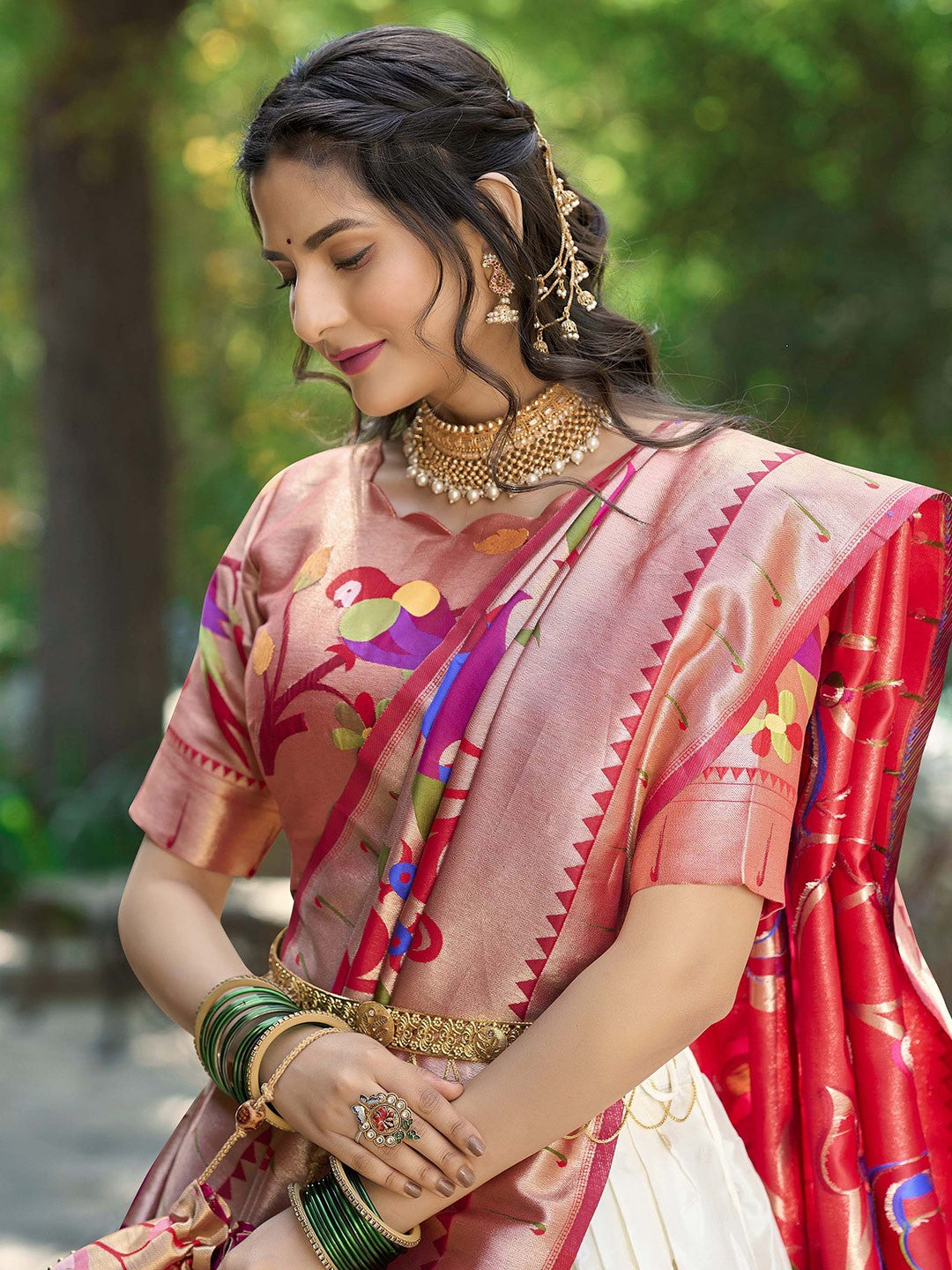 Lorenvalley White Jacquard Silk Paithani Weaving Zari Lehenga Choli with Dupatta 