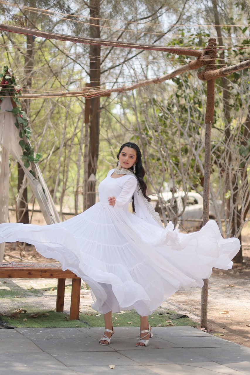 Evanik White Faux Blooming Gown With Dupatta With Rich Sequins Embroidered work