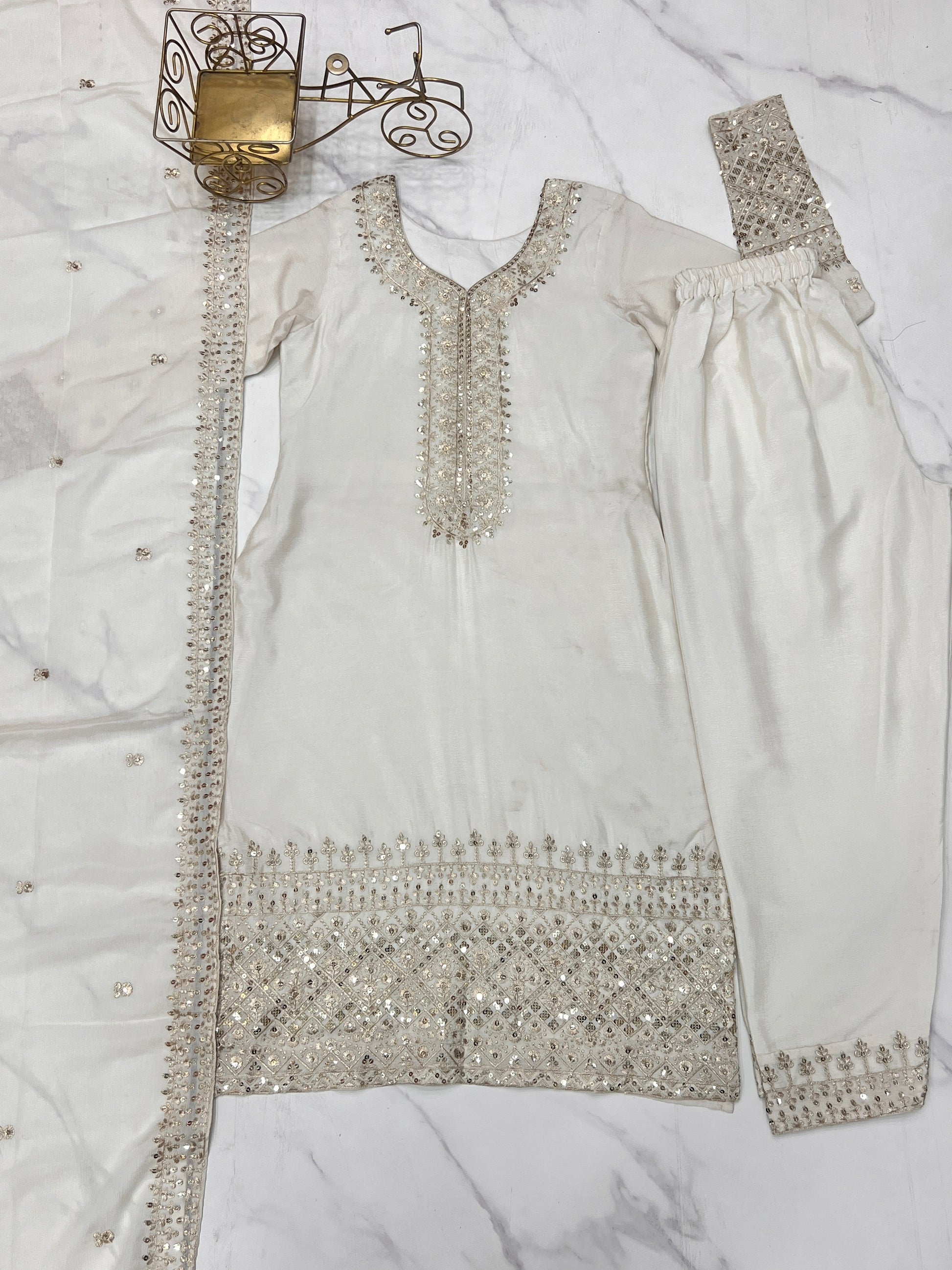 Lorenvalley Chinon Silk Embroidery Sequence zari work Kurta Pant with Dupatta Set - White 