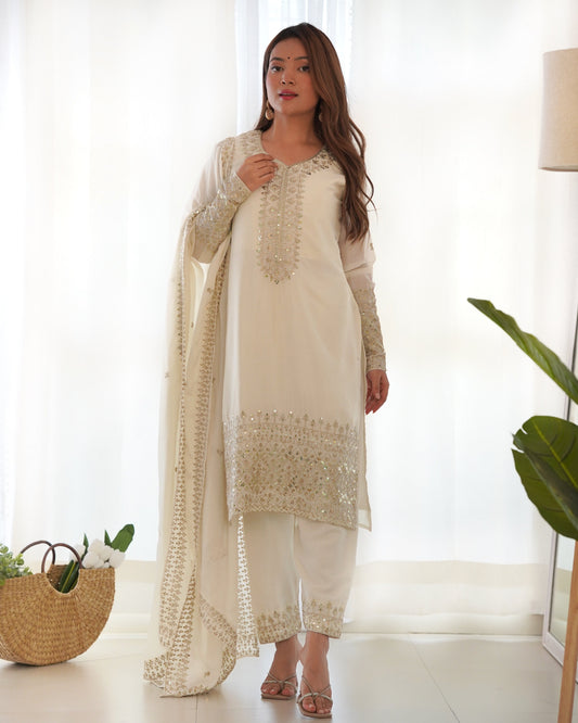 Lorenvalley Chinon Silk Embroidery Sequence zari work Kurta Pant with Dupatta Set - White 
