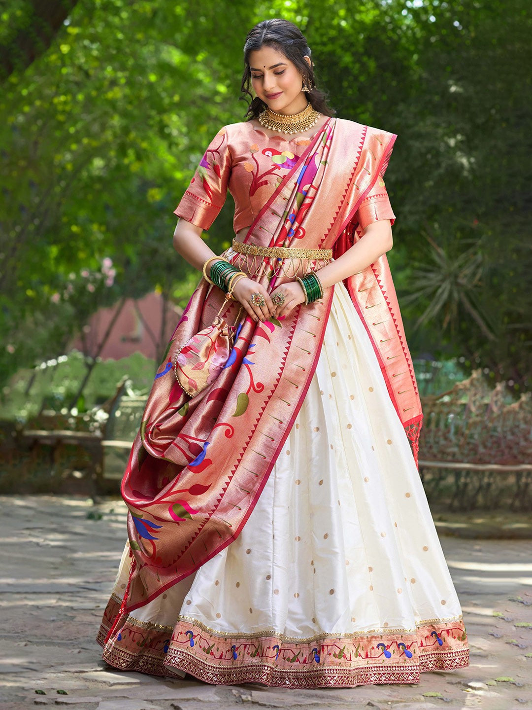 Lorenvalley White Jacquard Silk Paithani Weaving Zari Lehenga Choli with Dupatta 