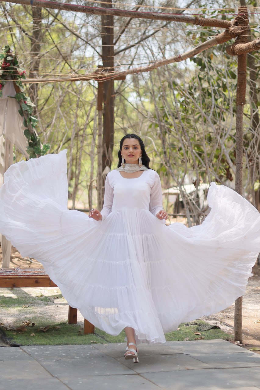 Evanik White Faux Blooming Gown With Dupatta With Rich Sequins Embroidered work