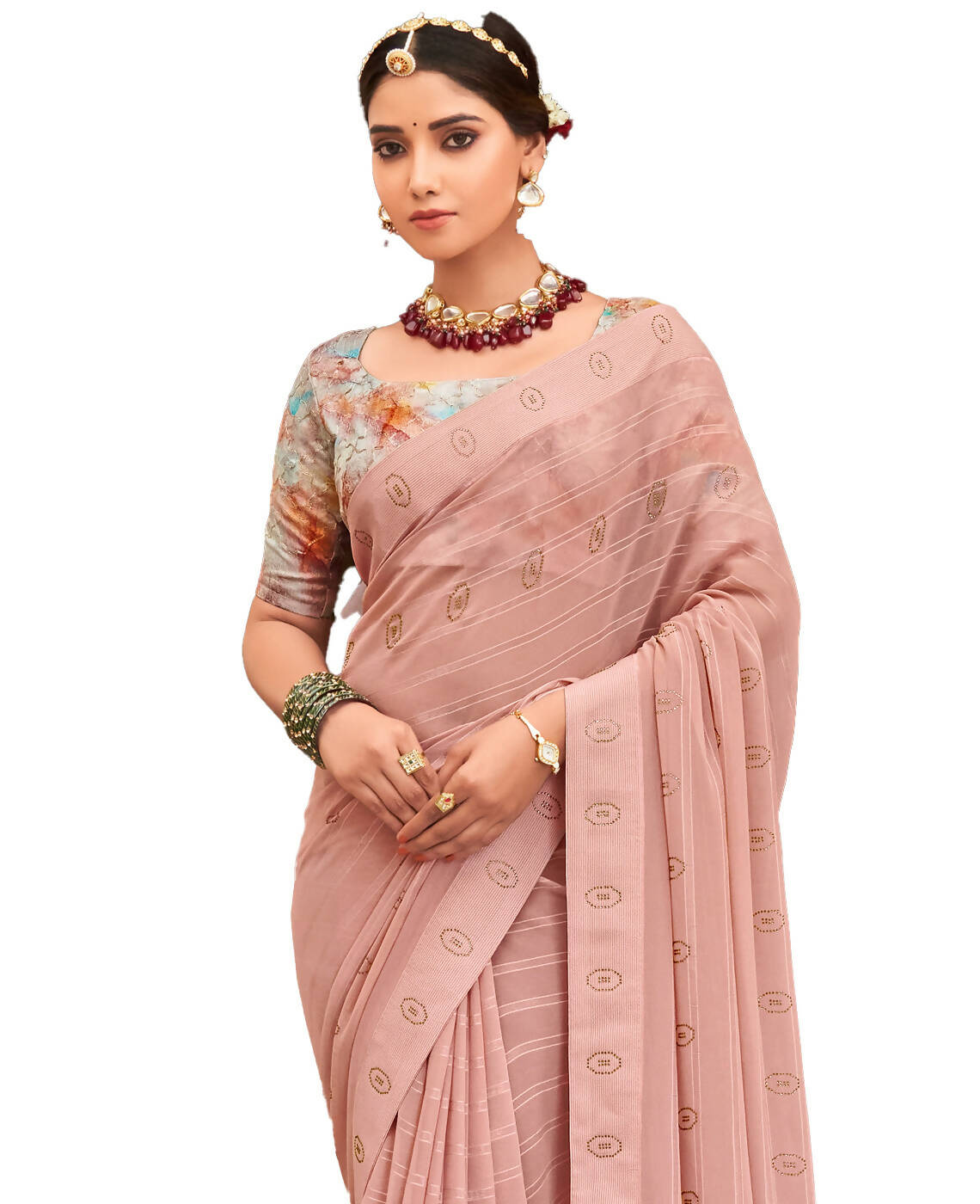 Peach Georgette Swaroski Work Saree With Unstitched Blouse Piece - Juhi