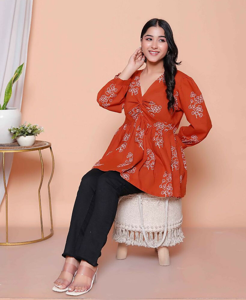 Miravan Womens Rust Floral Printed Balloon Sleeves V Neck Butterfly Top