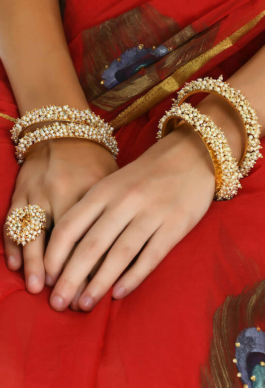 Mominos Fashion Joharkamal Gold-Polished Beads Work Bangles with Rings 