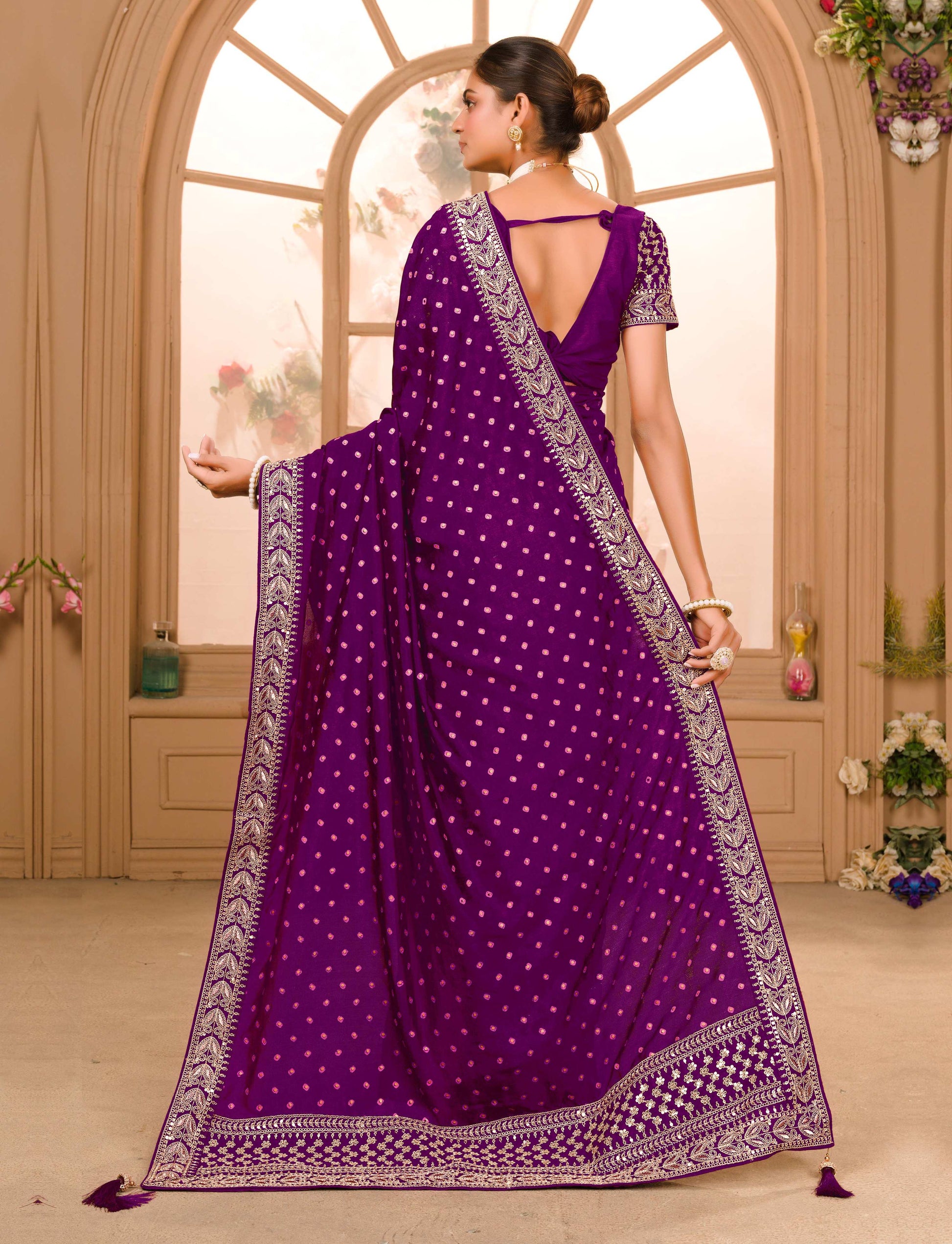 Teeya Creation Wine Color Chinnon Silk Heavy Embroidery Work Saree