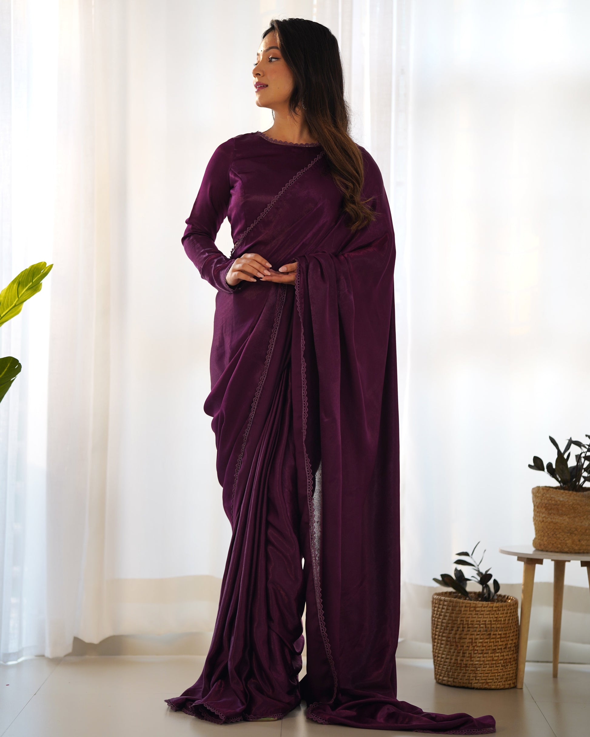 Lorenvalley Ready to wear Premium Quality Marble Velvet Fabric Fancy Boarder Lace Work Predrapped Grab2Buy - Purple 
