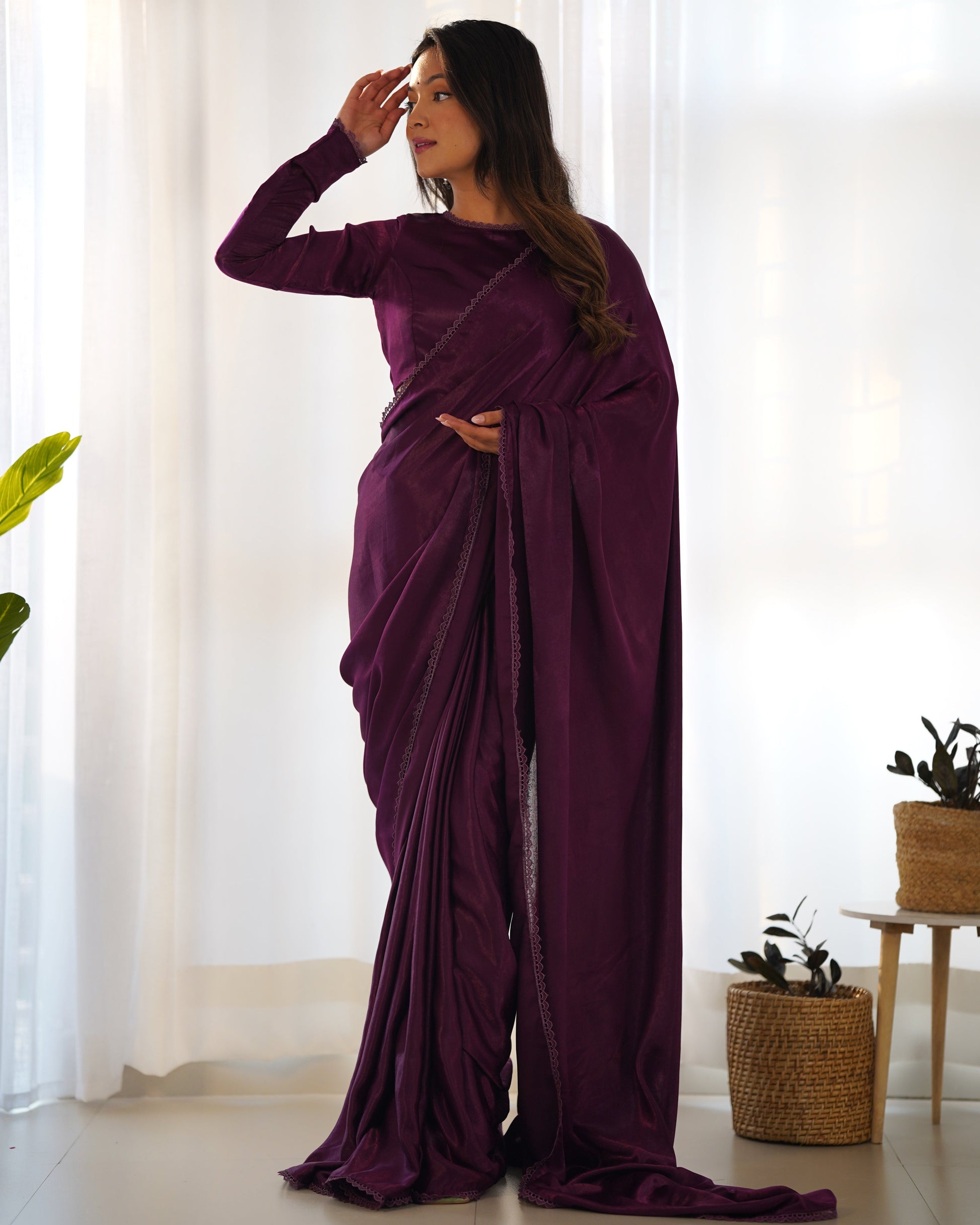 Lorenvalley Ready to wear Premium Quality Marble Velvet Fabric Fancy Boarder Lace Work Predrapped Grab2Buy - Purple 