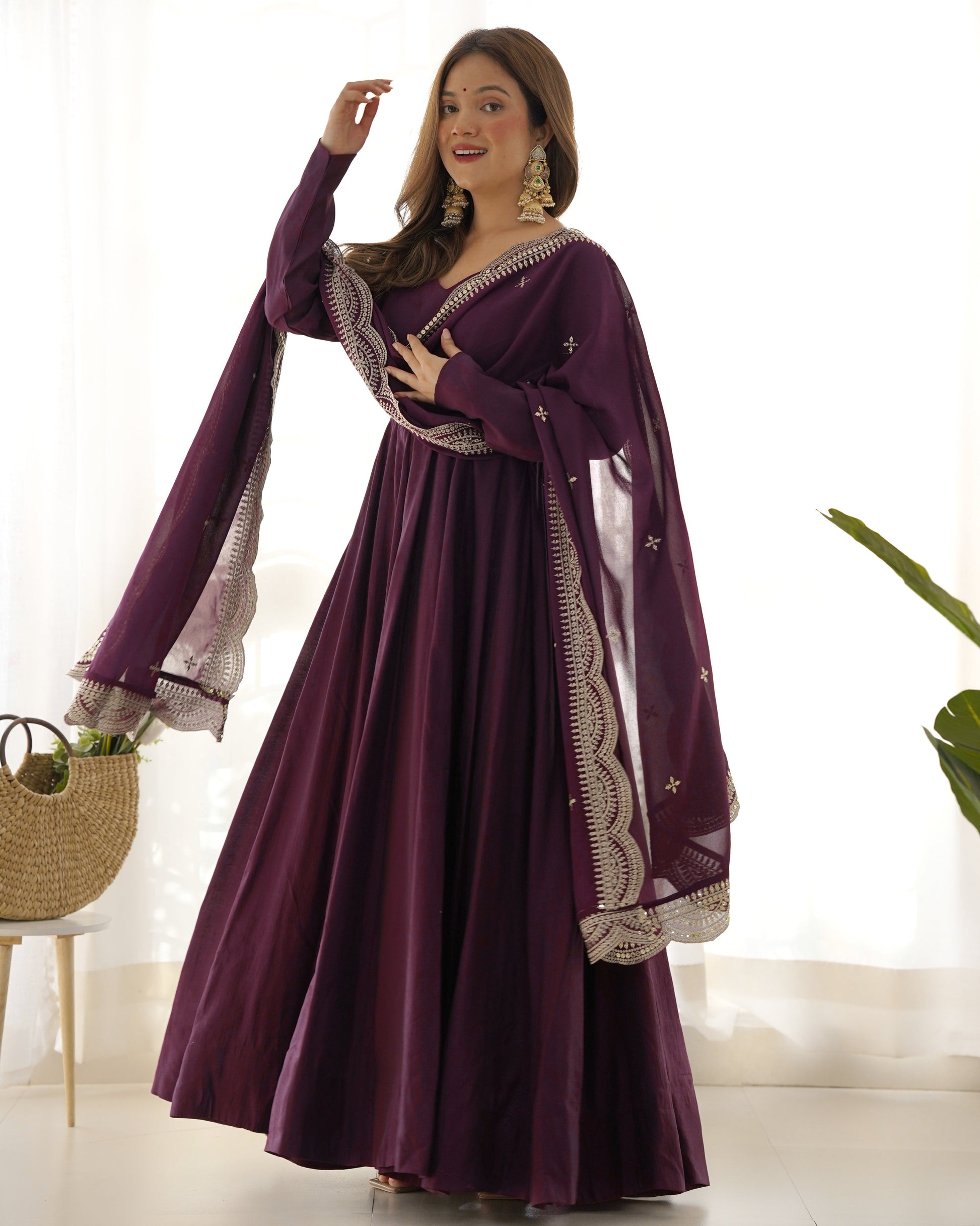Lorenvalley Mauve Pure Roman Silk Chanderi Fabric Fully Flared Anarkali Pant With Dupatta Set - Wine 