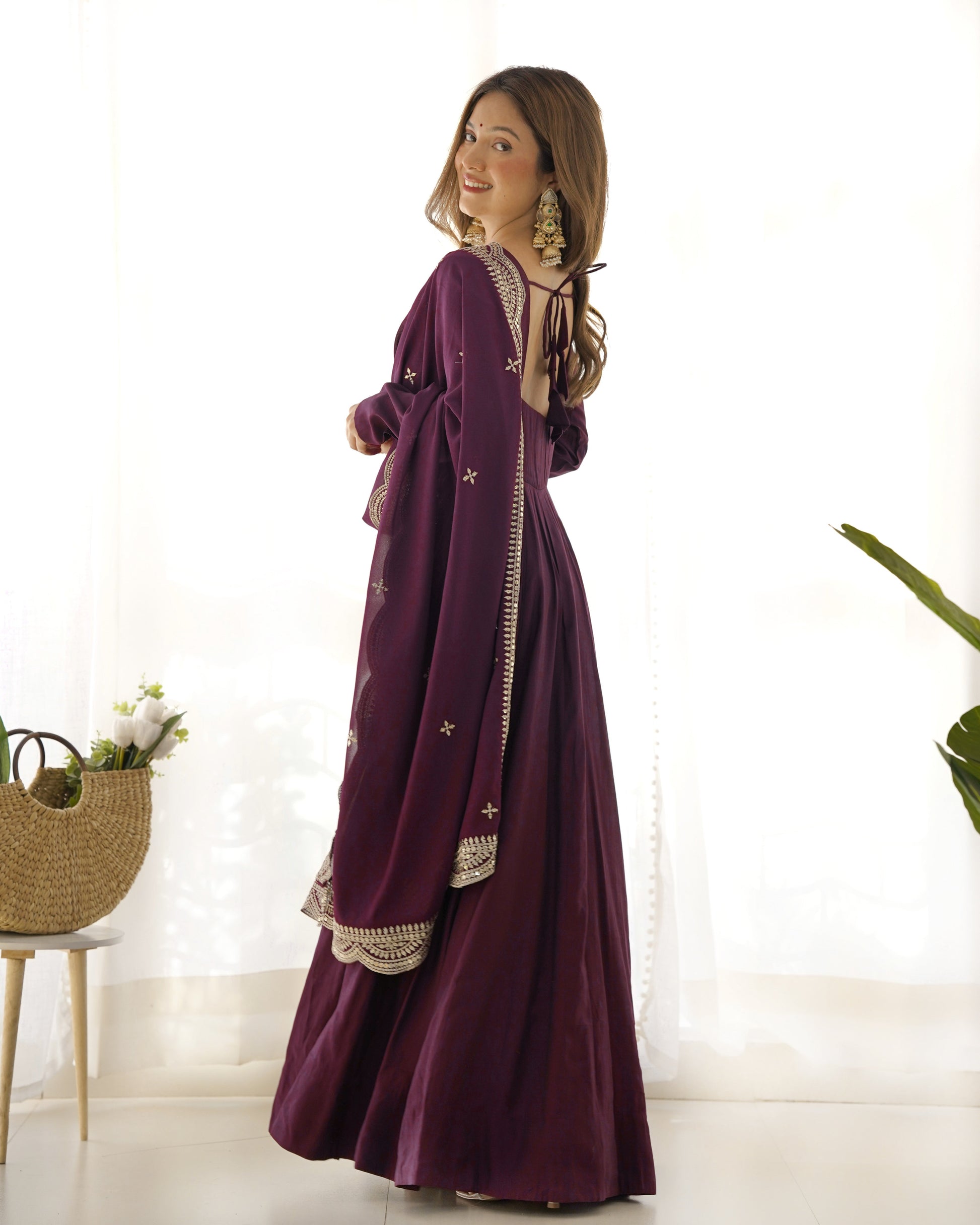 Lorenvalley Mauve Pure Roman Silk Chanderi Fabric Fully Flared Anarkali Pant With Dupatta Set - Wine 