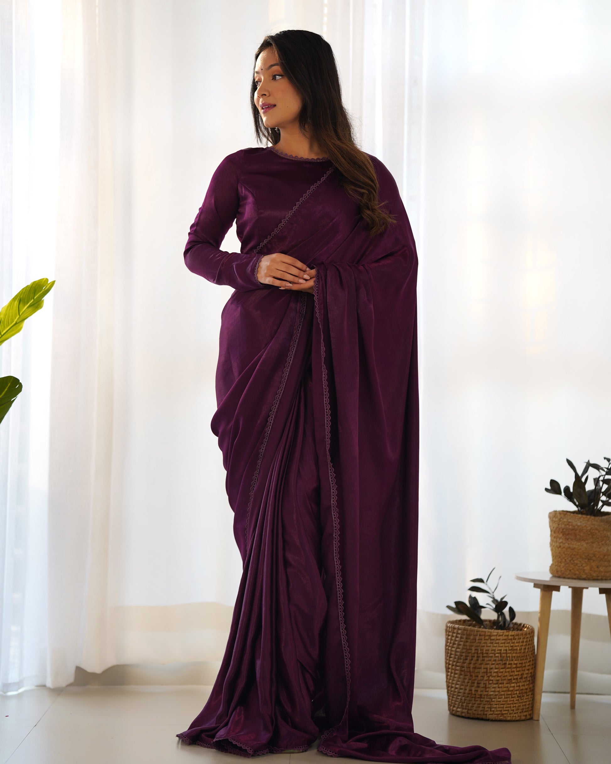 Lorenvalley Ready to wear Premium Quality Marble Velvet Fabric Fancy Boarder Lace Work Predrapped Grab2Buy - Purple 