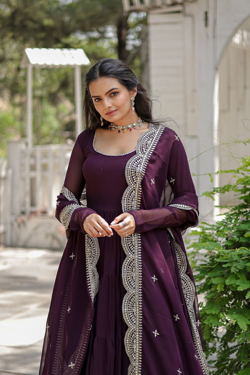 Evanik Wine Faux Blooming Gown With Dupatta With Rich Sequins Embroidered work