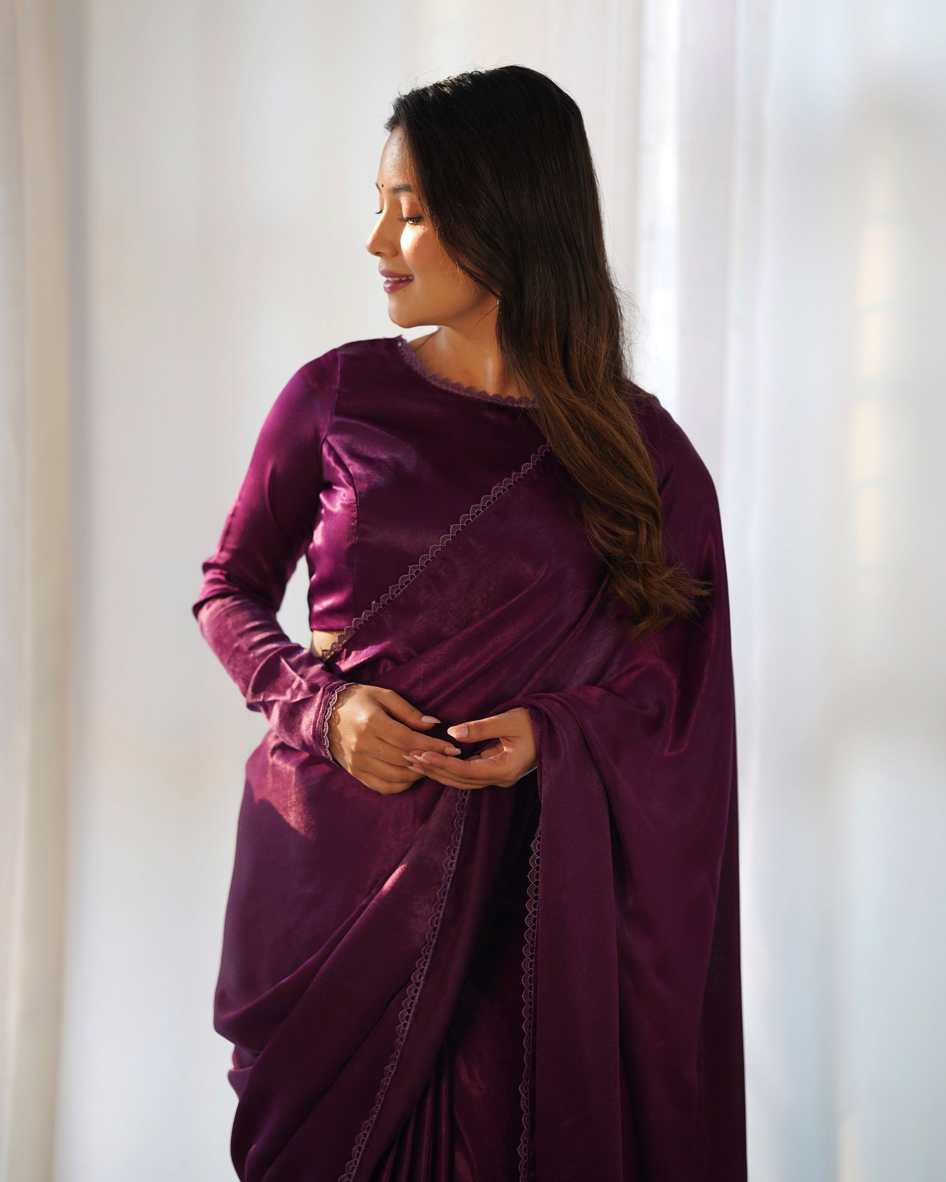 Lorenvalley Ready to wear Premium Quality Marble Velvet Fabric Fancy Boarder Lace Work Predrapped Grab2Buy - Purple 