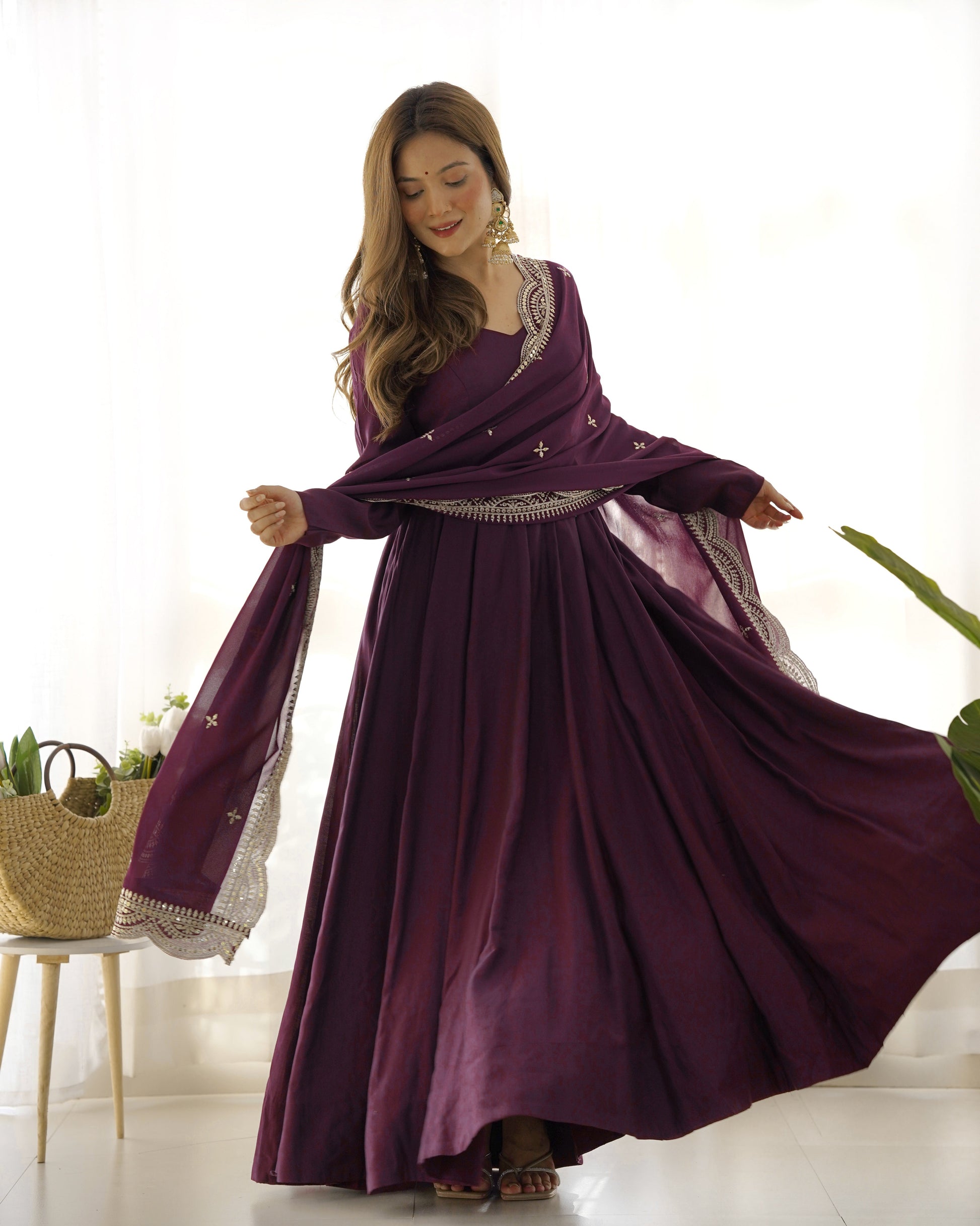 Lorenvalley Mauve Pure Roman Silk Chanderi Fabric Fully Flared Anarkali Pant With Dupatta Set - Wine 