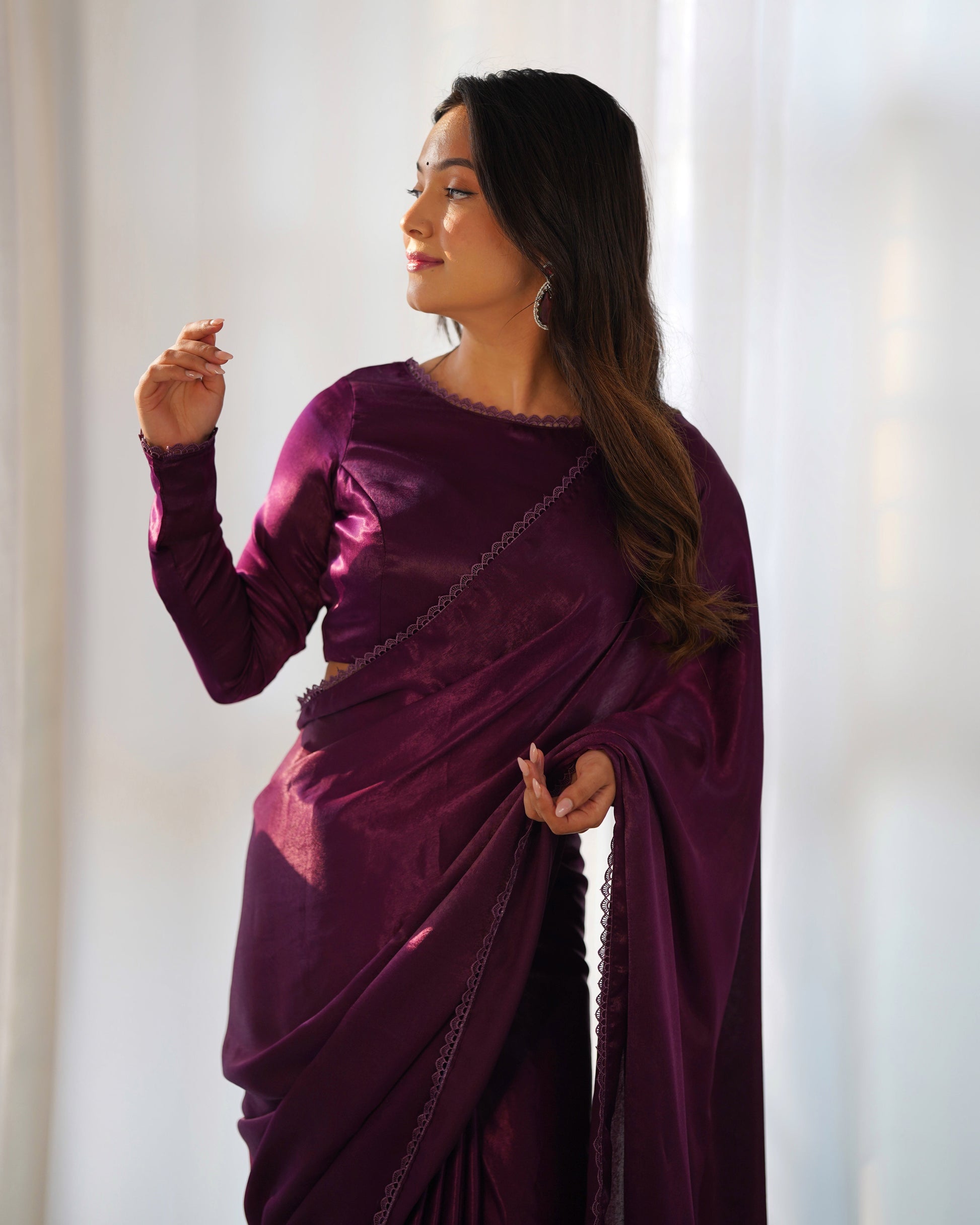 Lorenvalley Ready to wear Premium Quality Marble Velvet Fabric Fancy Boarder Lace Work Predrapped Grab2Buy - Purple 