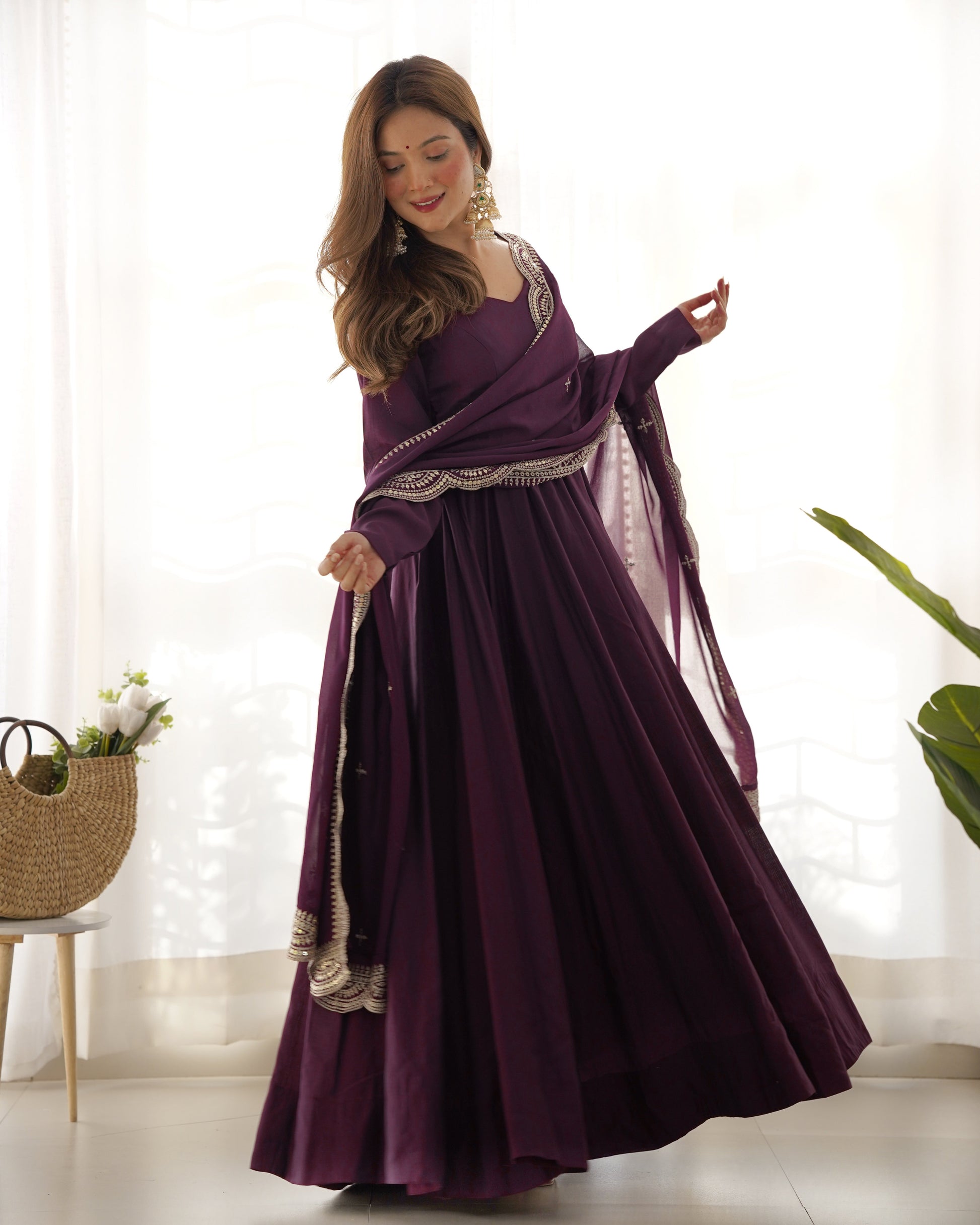 Lorenvalley Mauve Pure Roman Silk Chanderi Fabric Fully Flared Anarkali Pant With Dupatta Set - Wine 