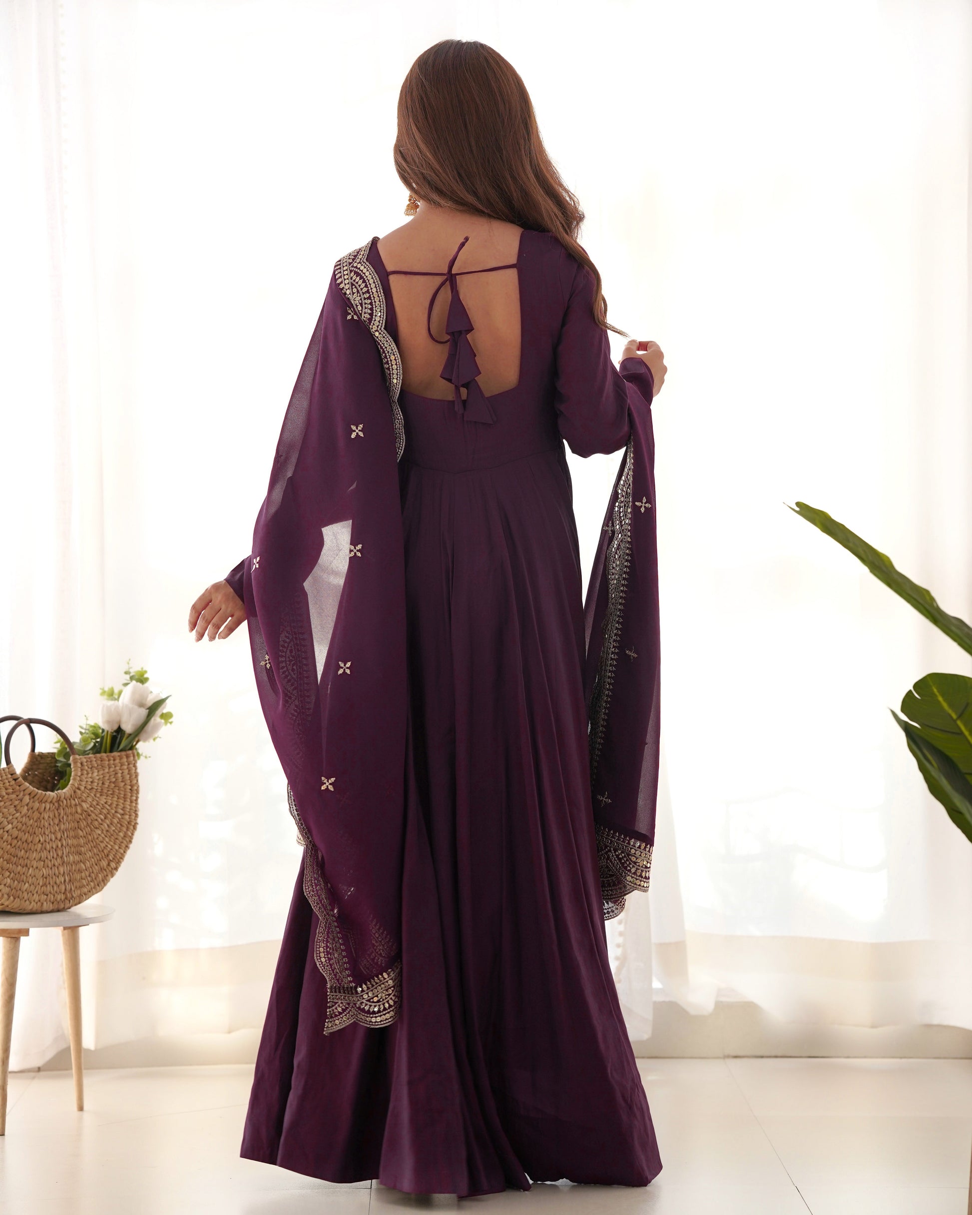 Lorenvalley Mauve Pure Roman Silk Chanderi Fabric Fully Flared Anarkali Pant With Dupatta Set - Wine 