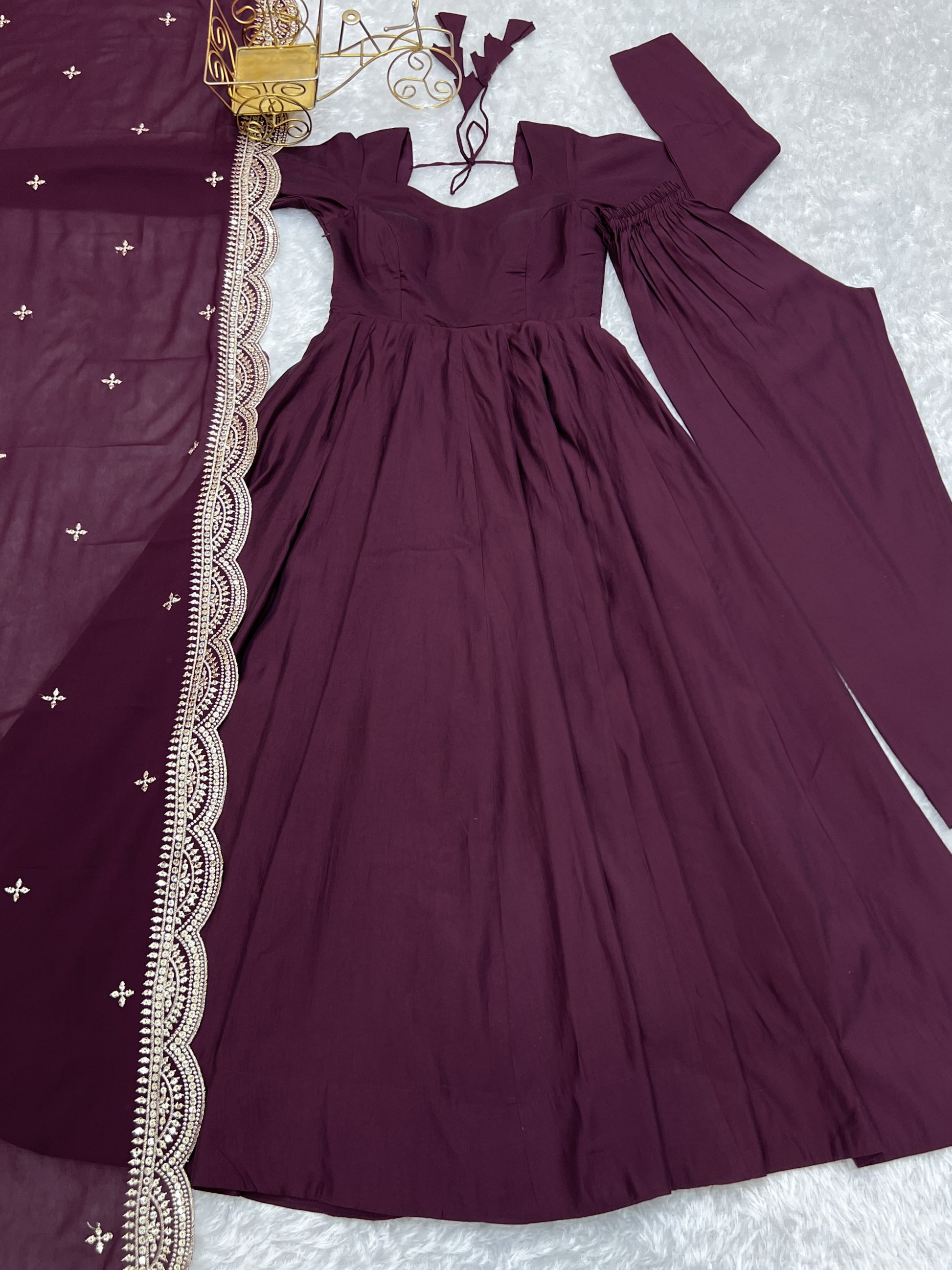 Lorenvalley Mauve Pure Roman Silk Chanderi Fabric Fully Flared Anarkali Pant With Dupatta Set - Wine 