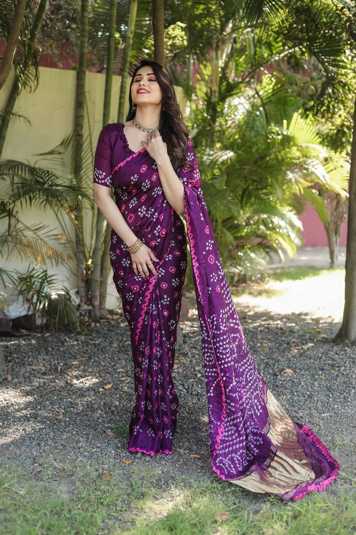 Anaita Wine Woven Design Pure Bandhej Silk Saree With Blouse