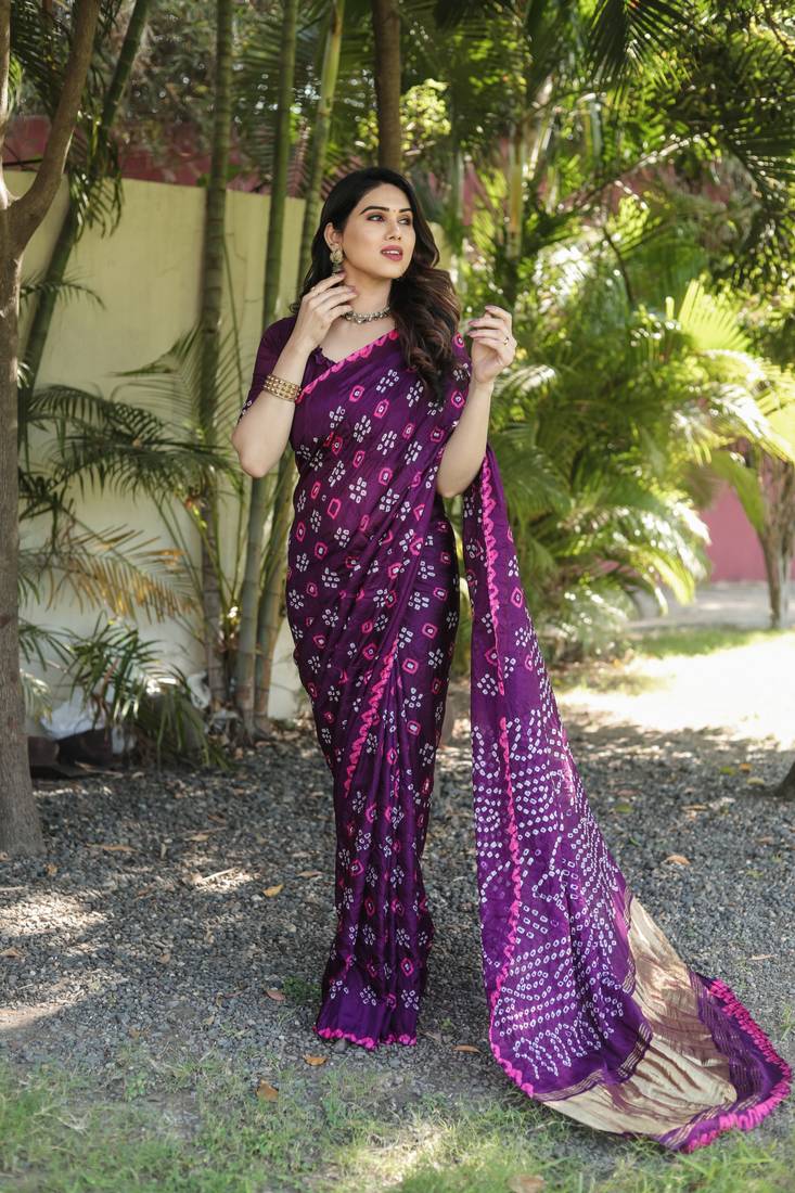 Anaita Wine Woven Design Pure Bandhej Silk Saree With Blouse