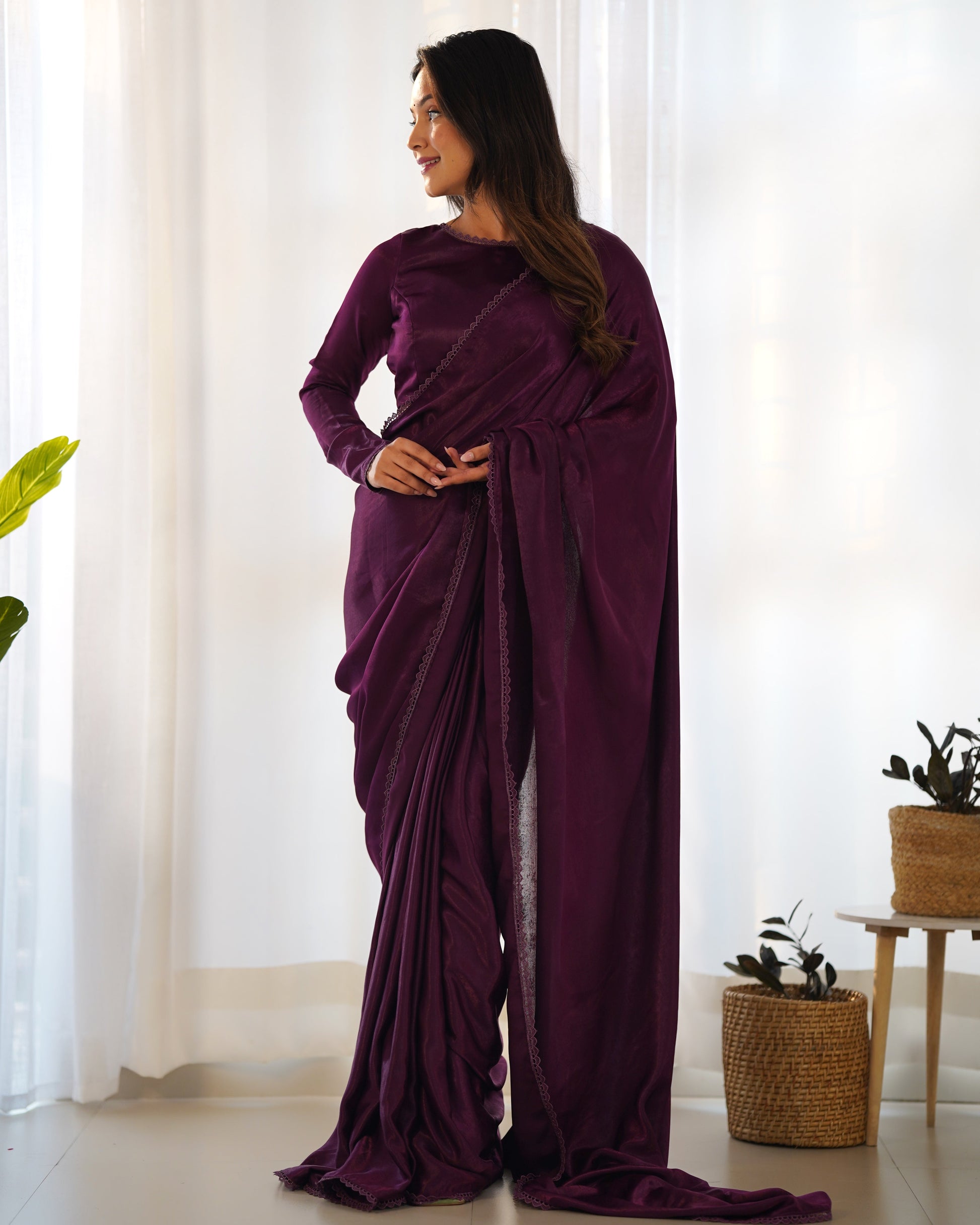 Lorenvalley Ready to wear Premium Quality Marble Velvet Fabric Fancy Boarder Lace Work Predrapped Grab2Buy - Purple 