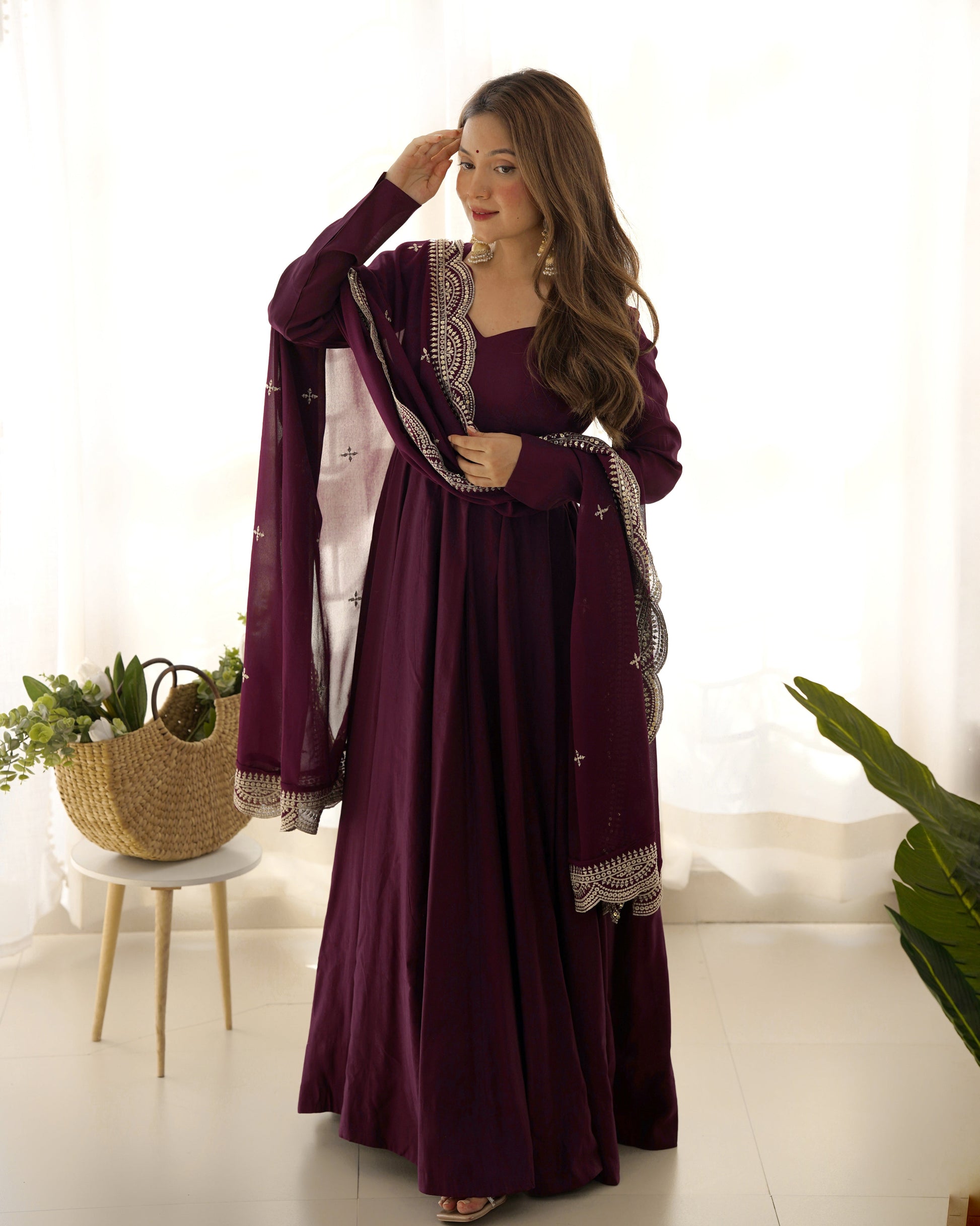 Lorenvalley Mauve Pure Roman Silk Chanderi Fabric Fully Flared Anarkali Pant With Dupatta Set - Wine 