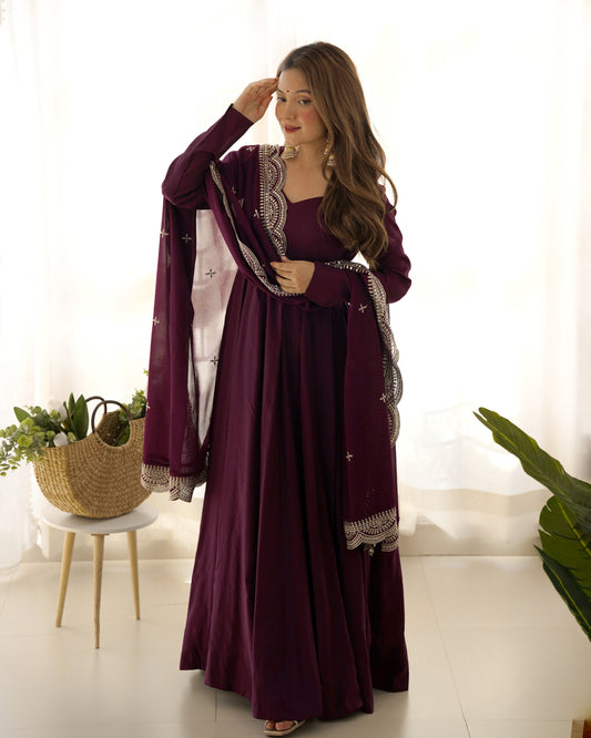 Lorenvalley Mauve Pure Roman Silk Chanderi Fabric Fully Flared Anarkali Pant With Dupatta Set - Wine 