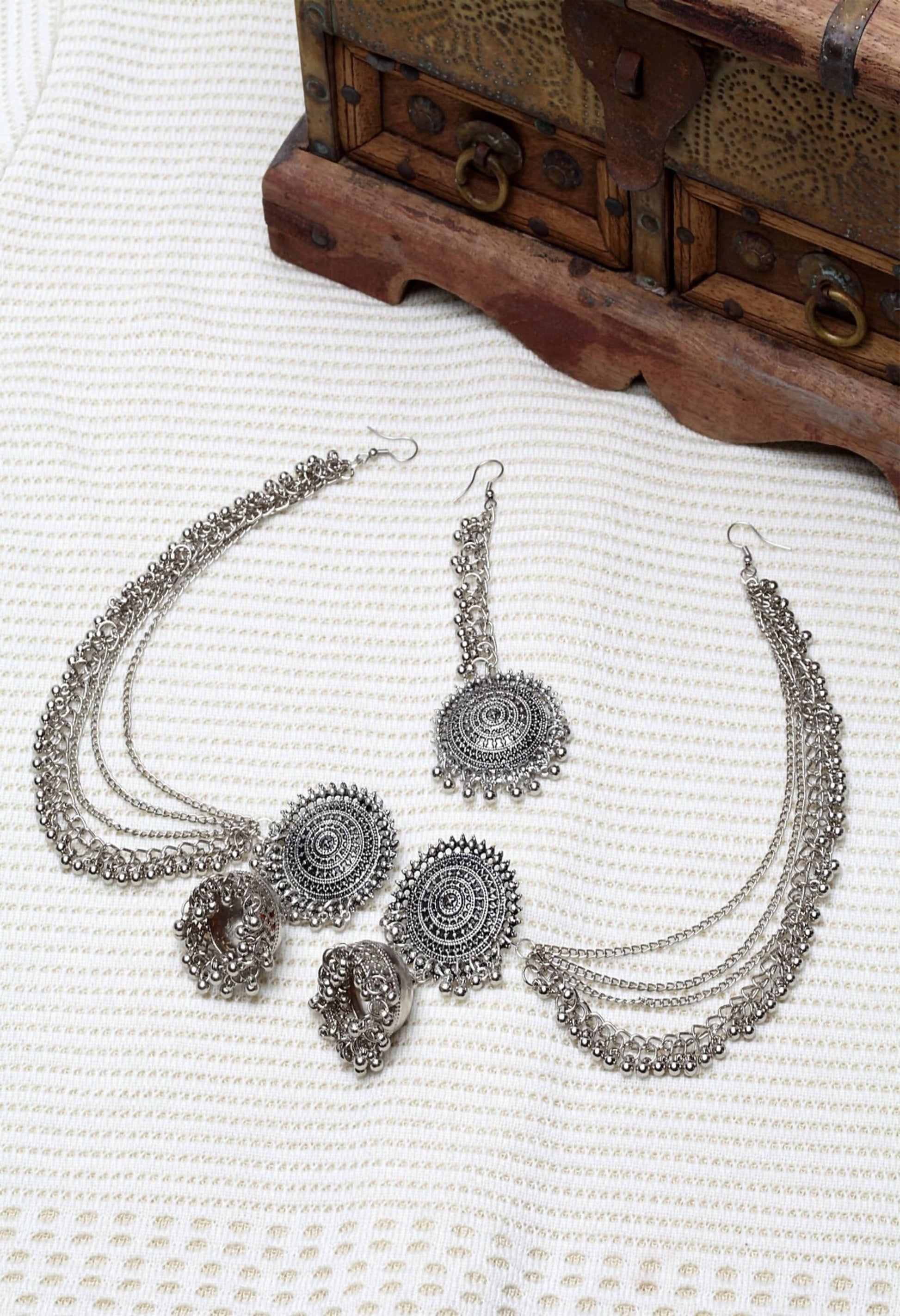 Mominos Fashion Johar Kamal Bahubali Silver Colour Earrings With Tikka - Grab2buy