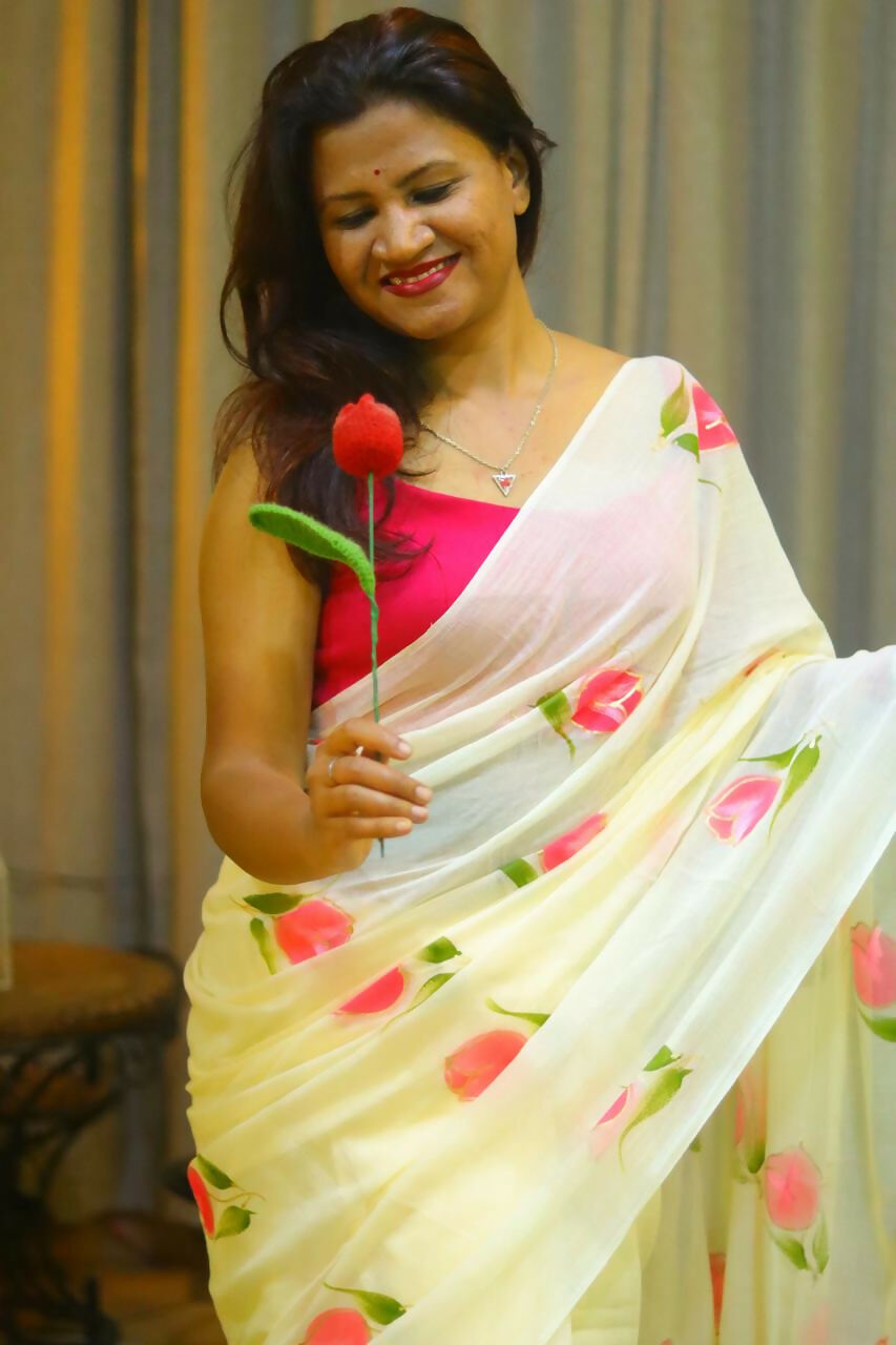 Exclusive Collection Beautiful Off White Pure Cotton Hand Print Handloom Grab2Buy With Running Blouse Piece 