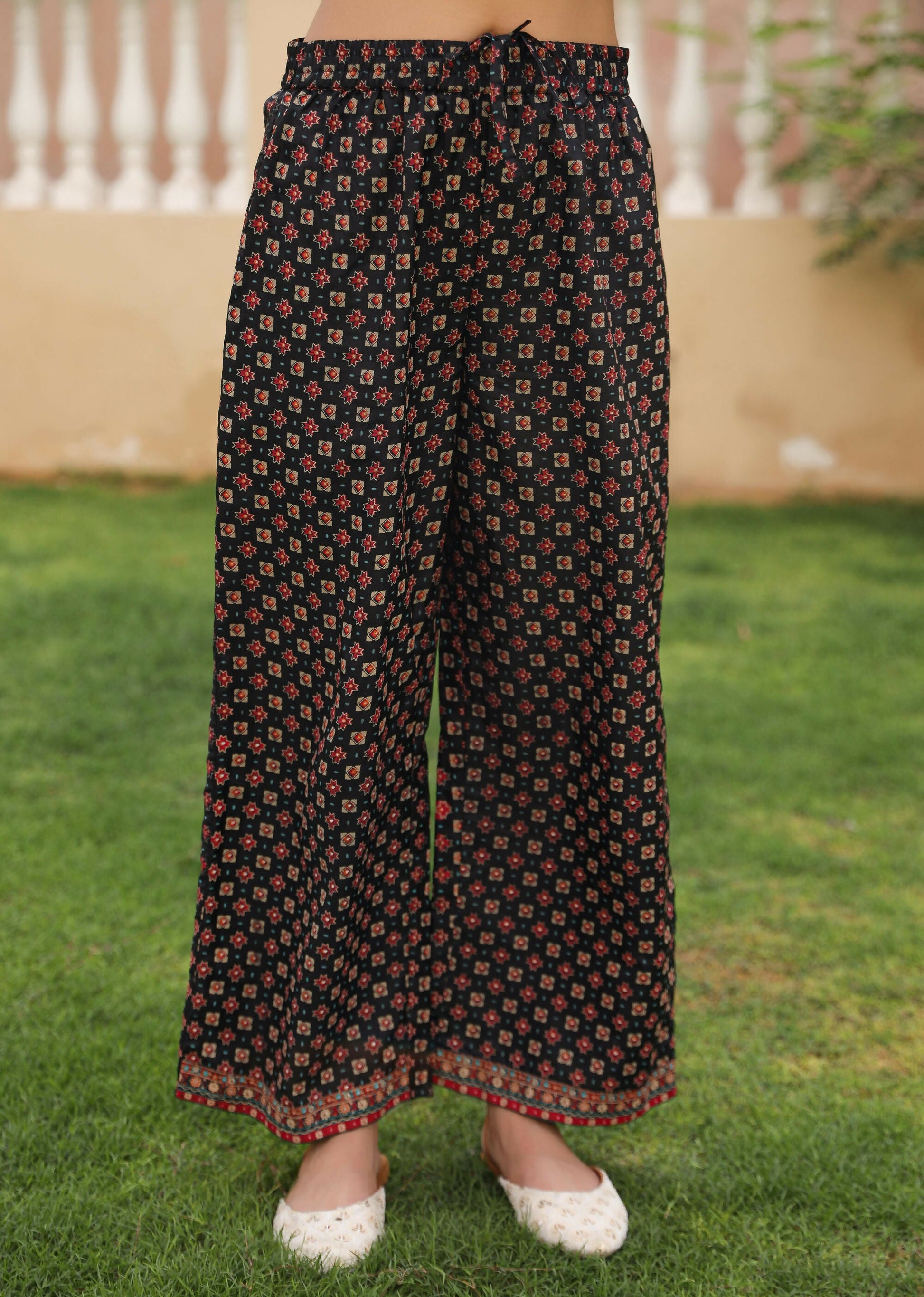 Juniper Women's Black Ethnic Motif Printed Rayon Kurta Palazzo And Dupatta With Mirror & Thread Work