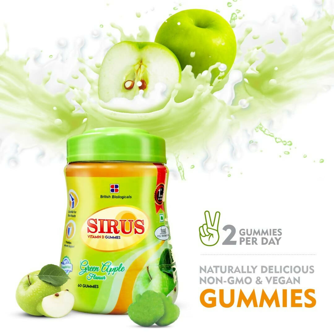 British Biologicals Sirus Vitamin D3 Gummies with Sugar for Women & Men - Green Apple 