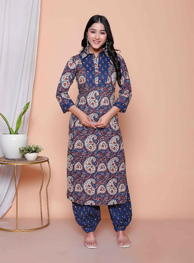 Miravan Womens Cotton Floral Printed Shirt-Collar Straight Kurta And Palazzo Set