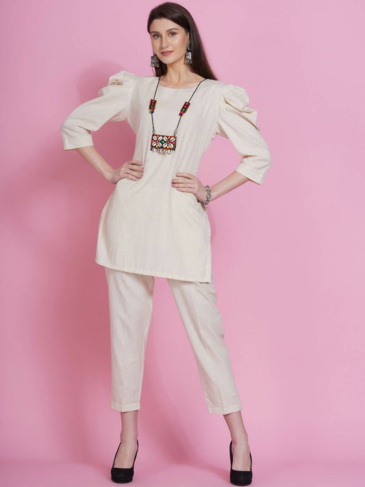 Women Republic Off White Cotton Flex Kurta With Attached Necklace And Pants - Grab2buy