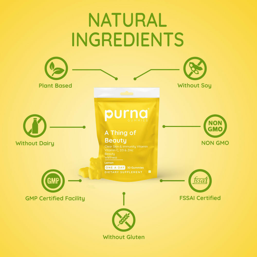 Purna Gummies Vitamin C Lemon Gummies with Vitamin D3, and Zinc for Immunity & Clear Skin 