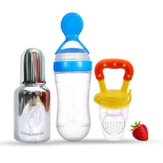 Goodmunchkins Stainless Steel Feeding Bottle, Food Feeder & Fruit Feeder Combo for Baby-(Blue-Yellow, 150ml)
