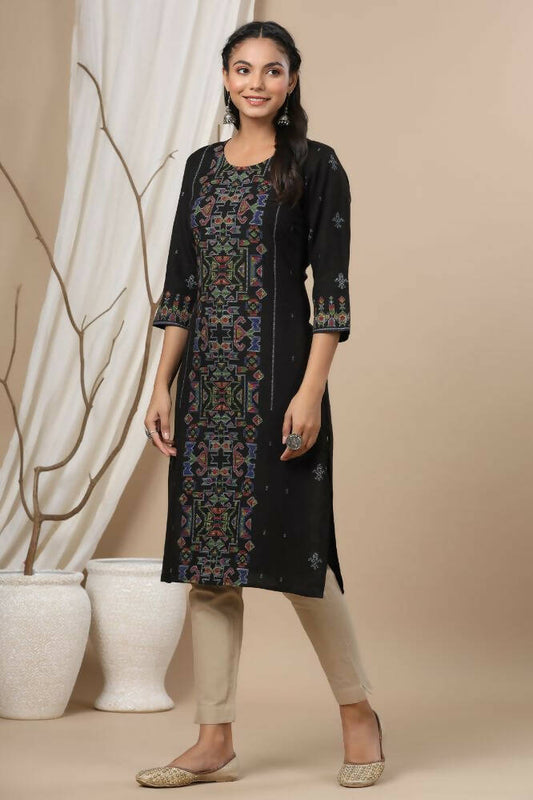 Juniper Women Black Rayon Flex Printed Straight Kurta