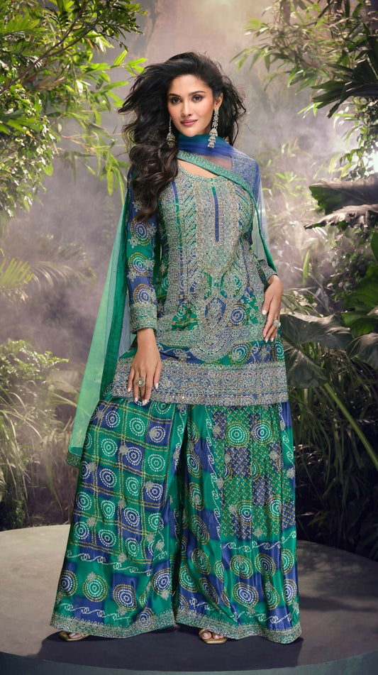 Anaita Blue Chinon Stitched Suit with Embroidery & Sequence Work