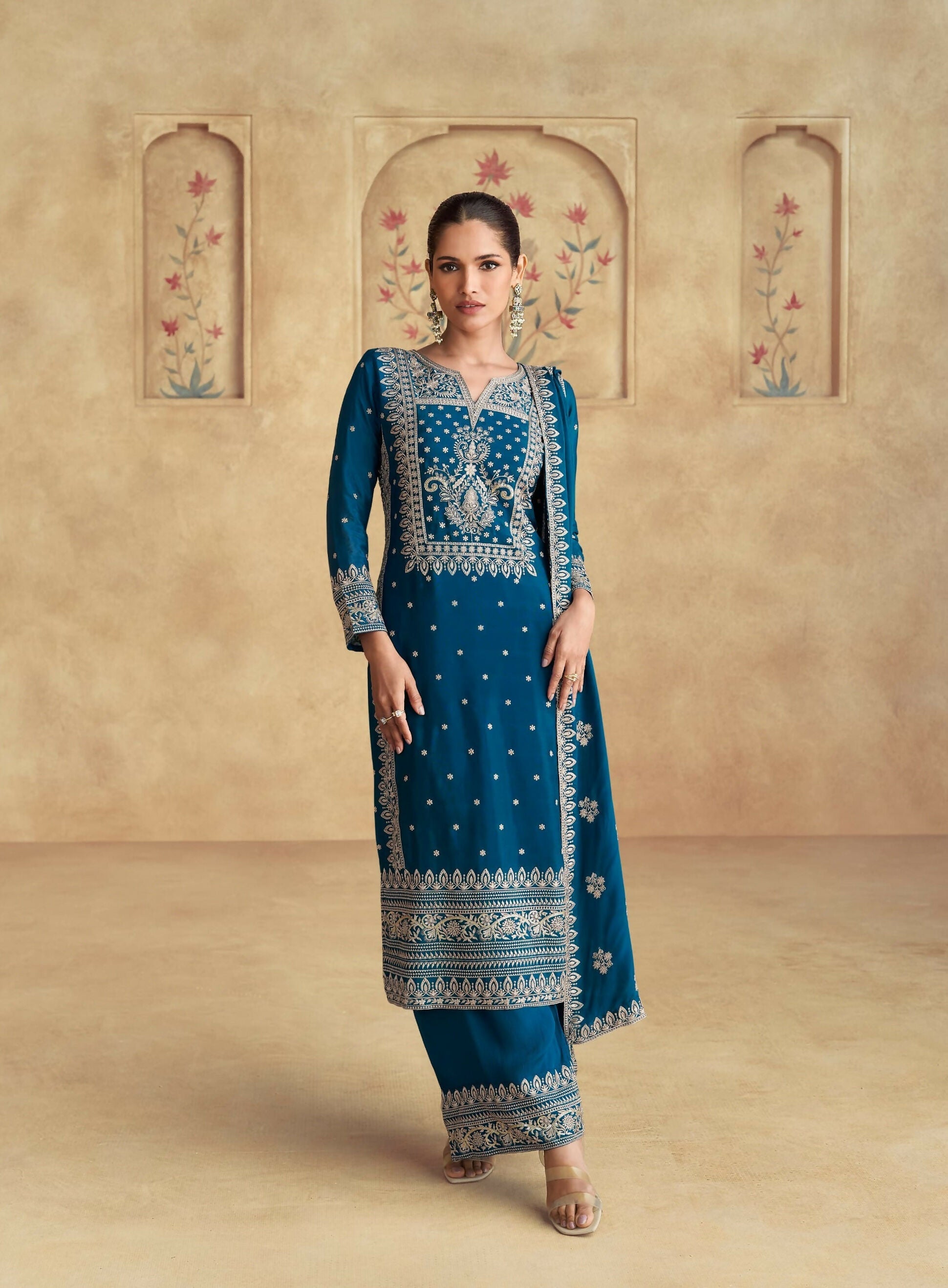 Anaita Teal Premium Chinon Embroidered Dhaga Sequence Work Ready Made Suit