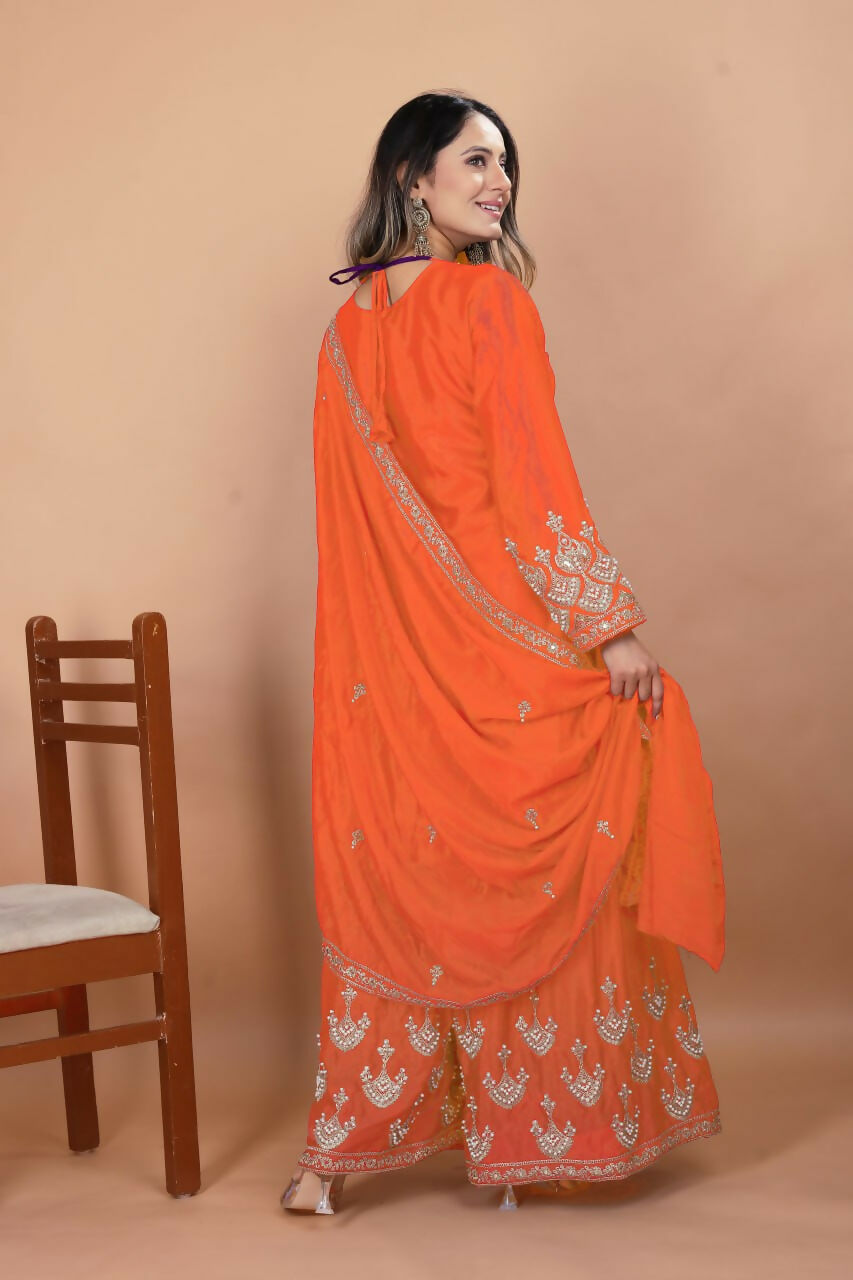 Teeya Creation Orange Chinon Embroidery Work Party Wear Palazzo Suit