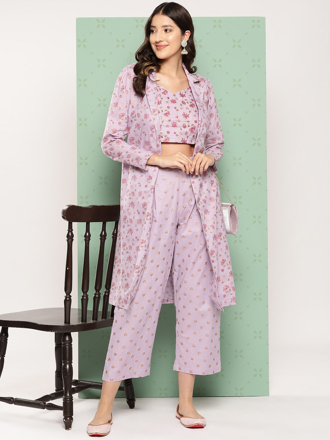 Yufta Women Printed Cotton Top with Trousers with Shrug 