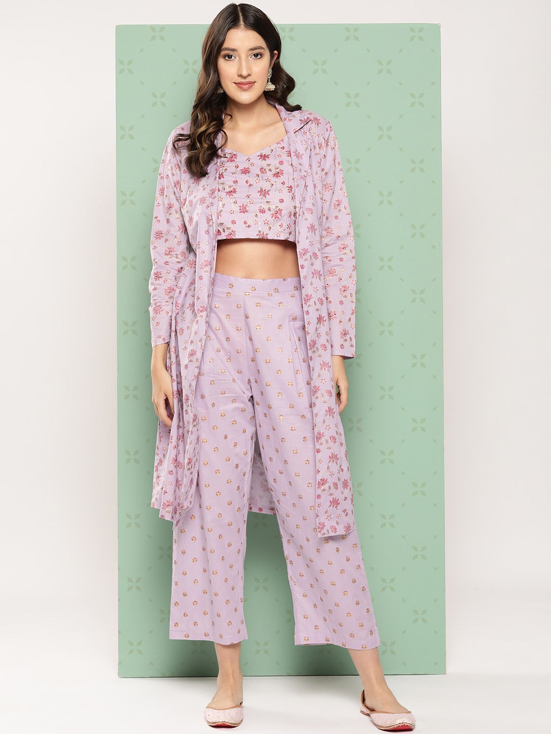 Yufta Women Printed Cotton Top with Trousers with Shrug 