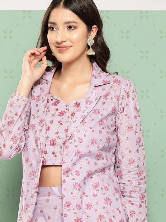 Yufta Women Printed Cotton Top with Trousers with Shrug 