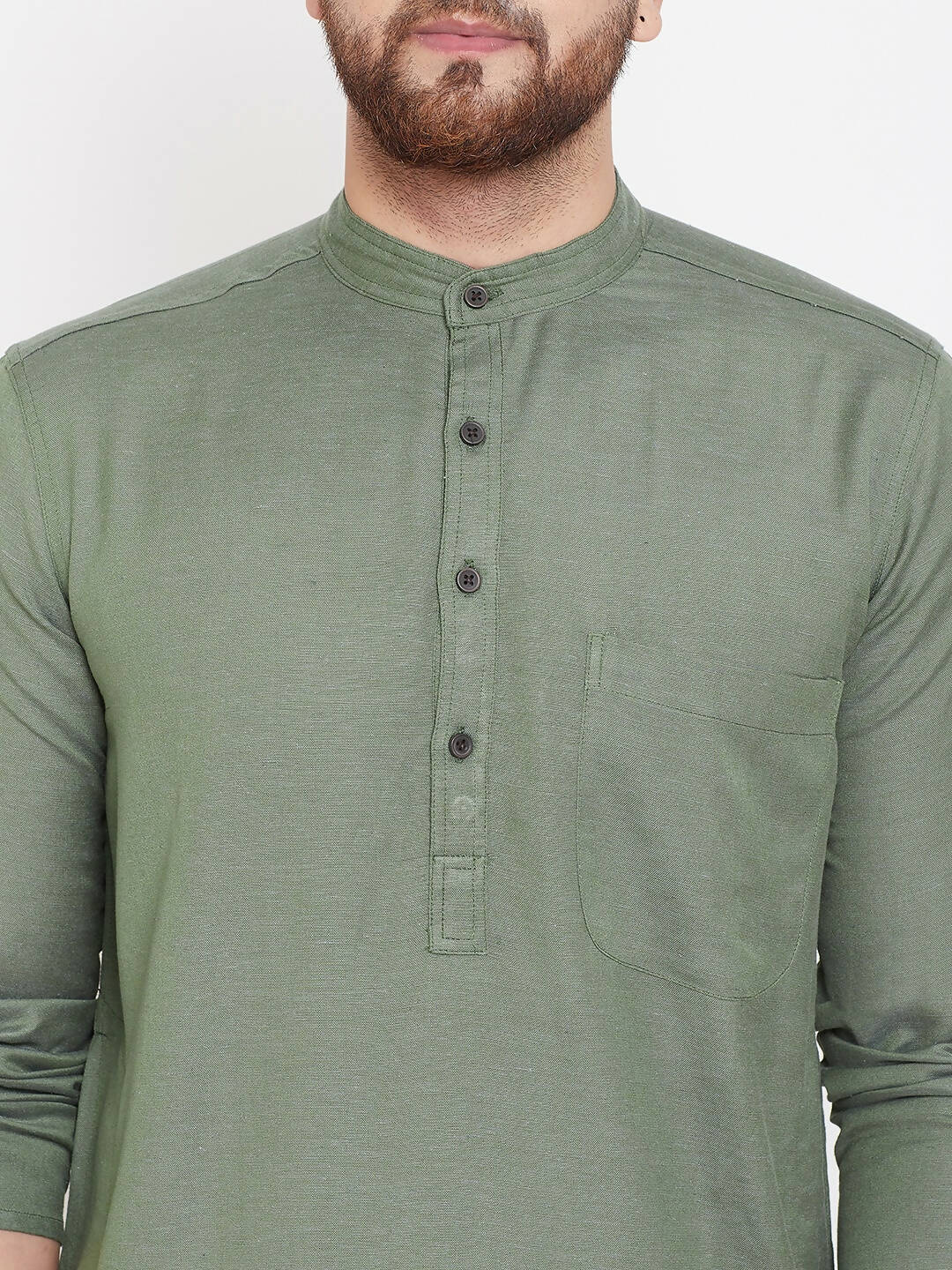 Even Apparels Green Color Linen Linen Men's Kurta With Band Collar 