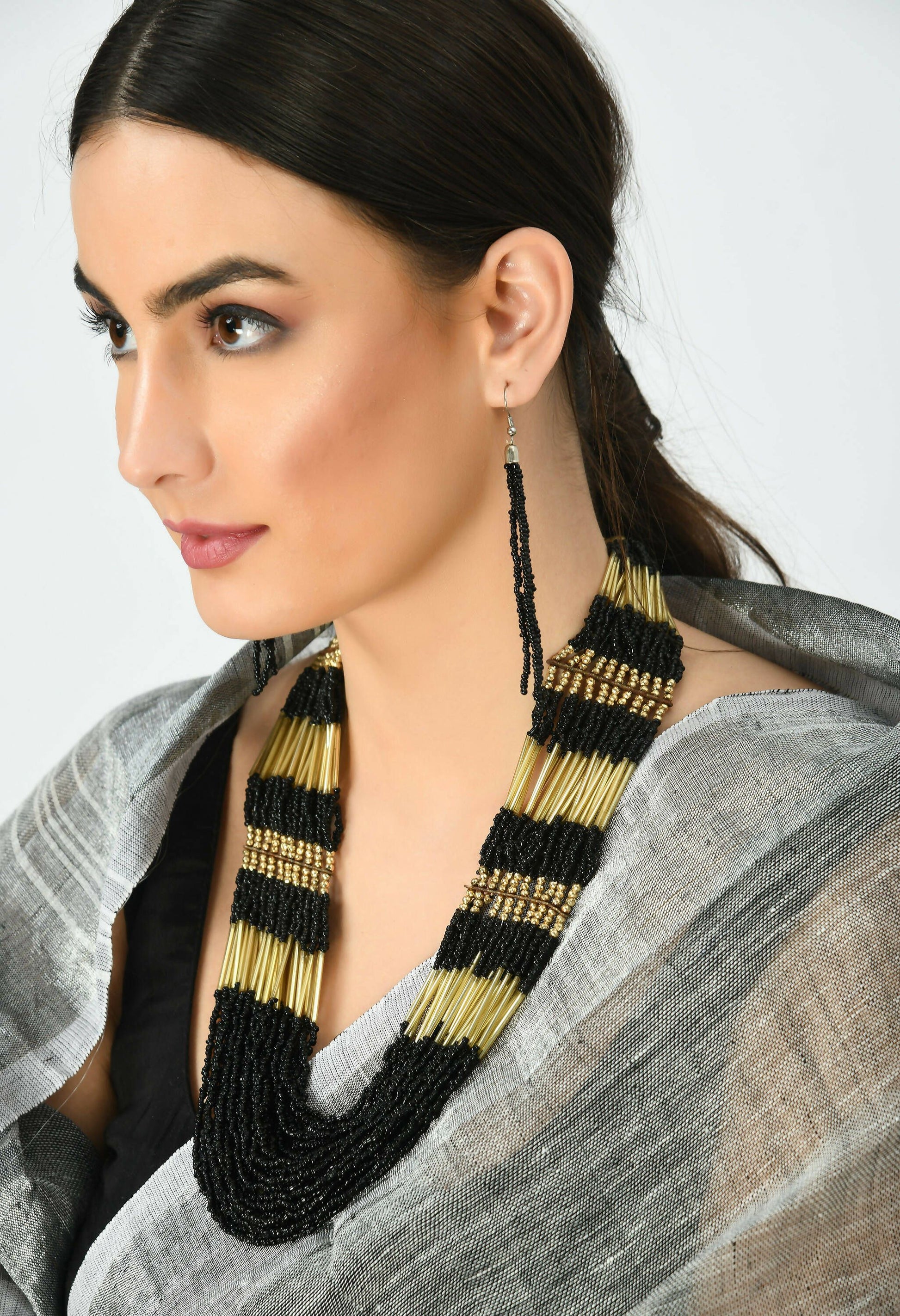 Mominos Fashion Johar Kamal Handicraft Finish Beads Work Long Necklace For Women (Black /Golden) - Grab2buy