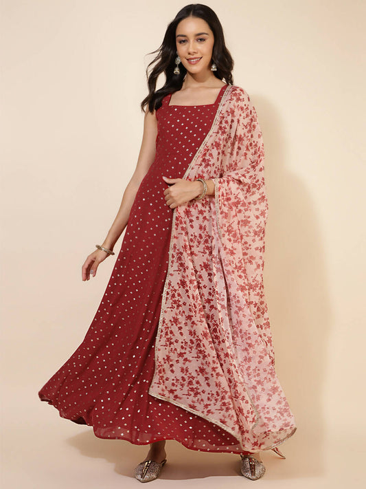 Janasya Women's Red Georgette Foil Printed Festive Anarkali Kurta Set 