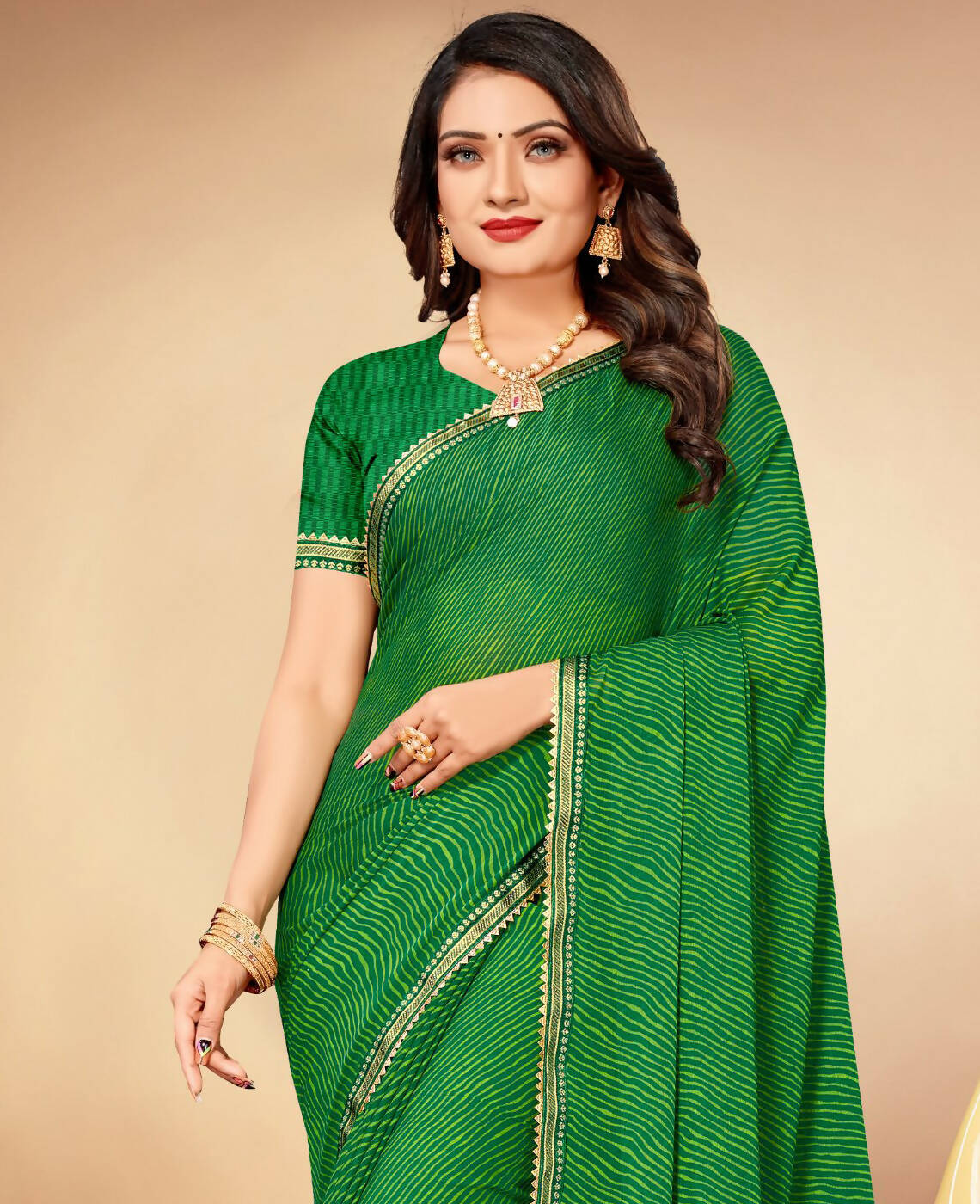 Green Chiffon Leheriya Printed Saree With Unstitched Blouse Piece - Swarna