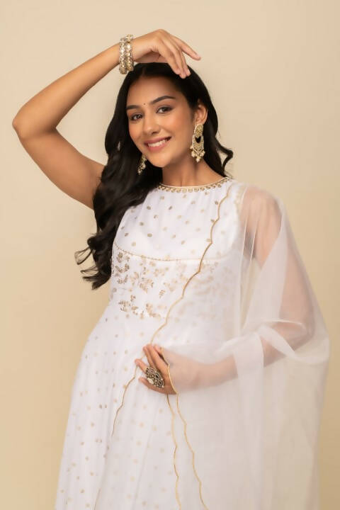 FIORRA Women's White Georgette Anarkali Kurta With Dupatta 