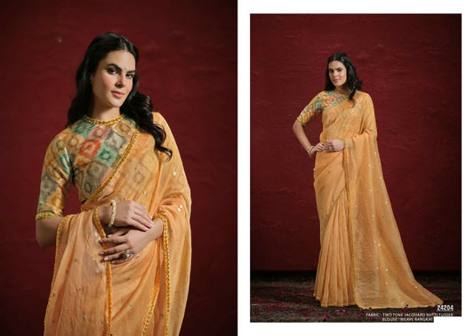 Orange Two Tone Jacquard Butti Tusser Pure Cut work Saree with Stitched Blouse - Mohmanthan Aaina