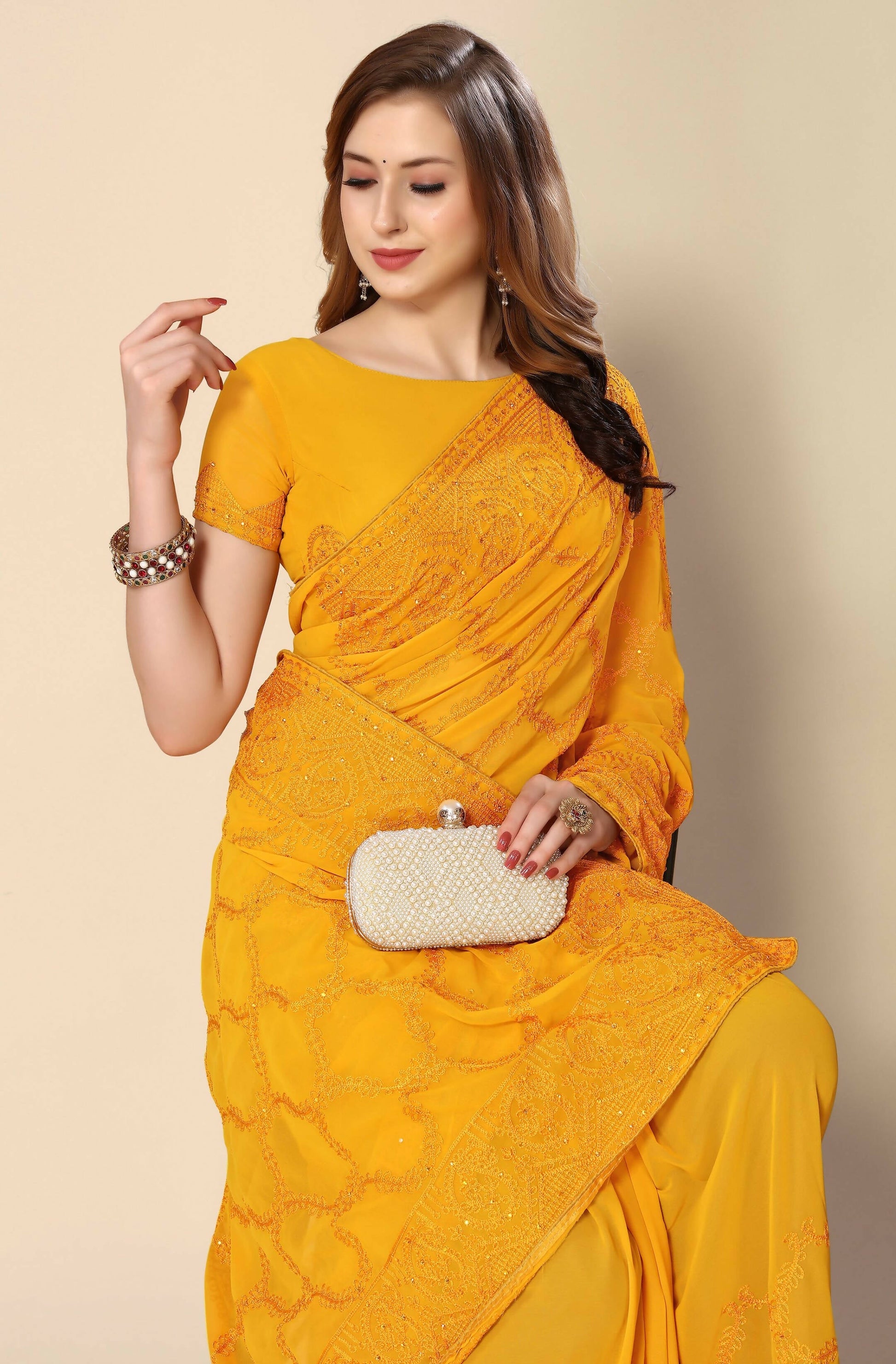 Mustard Georgette Embroidered and Stone Work Saree with Unstitched Blouse Piece - Roozal