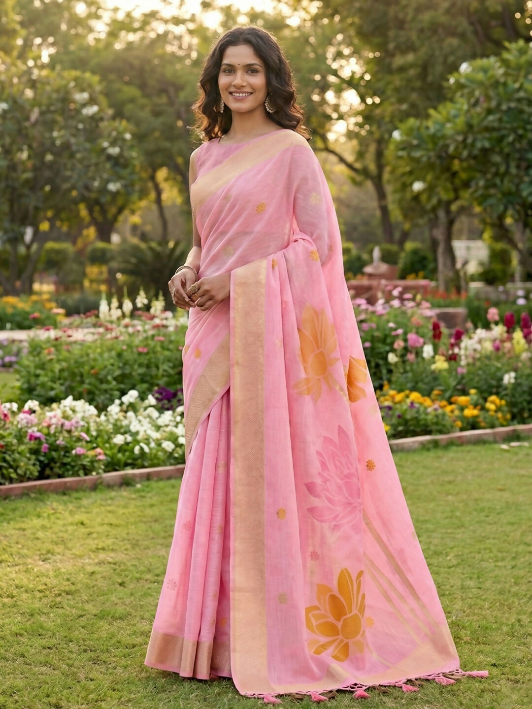 Shree Shyam Fashion Pink Linen Cotton Saree